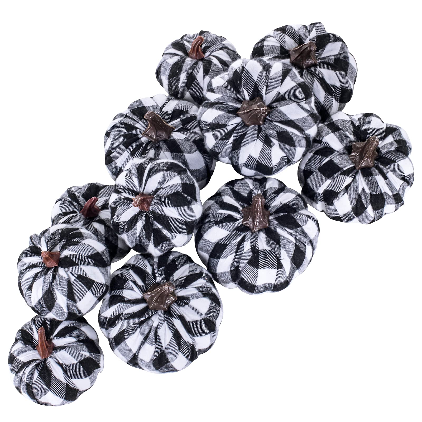 Set of 12 Small Faux Harvest Decorative Fabric Pumpkins Foam Pumpkins in Black & White Buffalo Check for Farmhouse Rustic Fall T