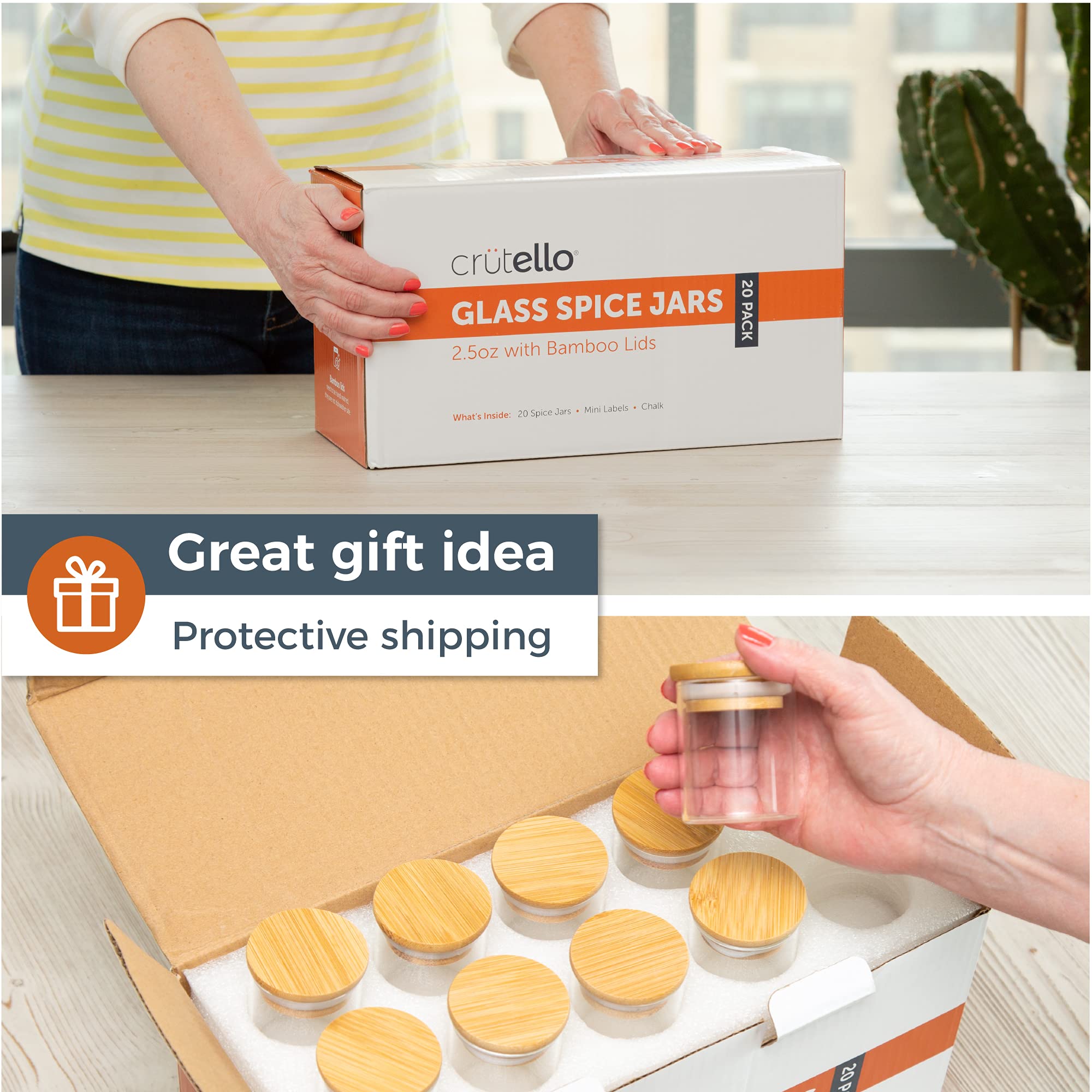 Crutello 20 Pack 2.5 Oz Mini Spice Jars With Bamboo Lids, Dishwasher Safe Jars For Spices, Honey, Beans, Rice, Party Favors