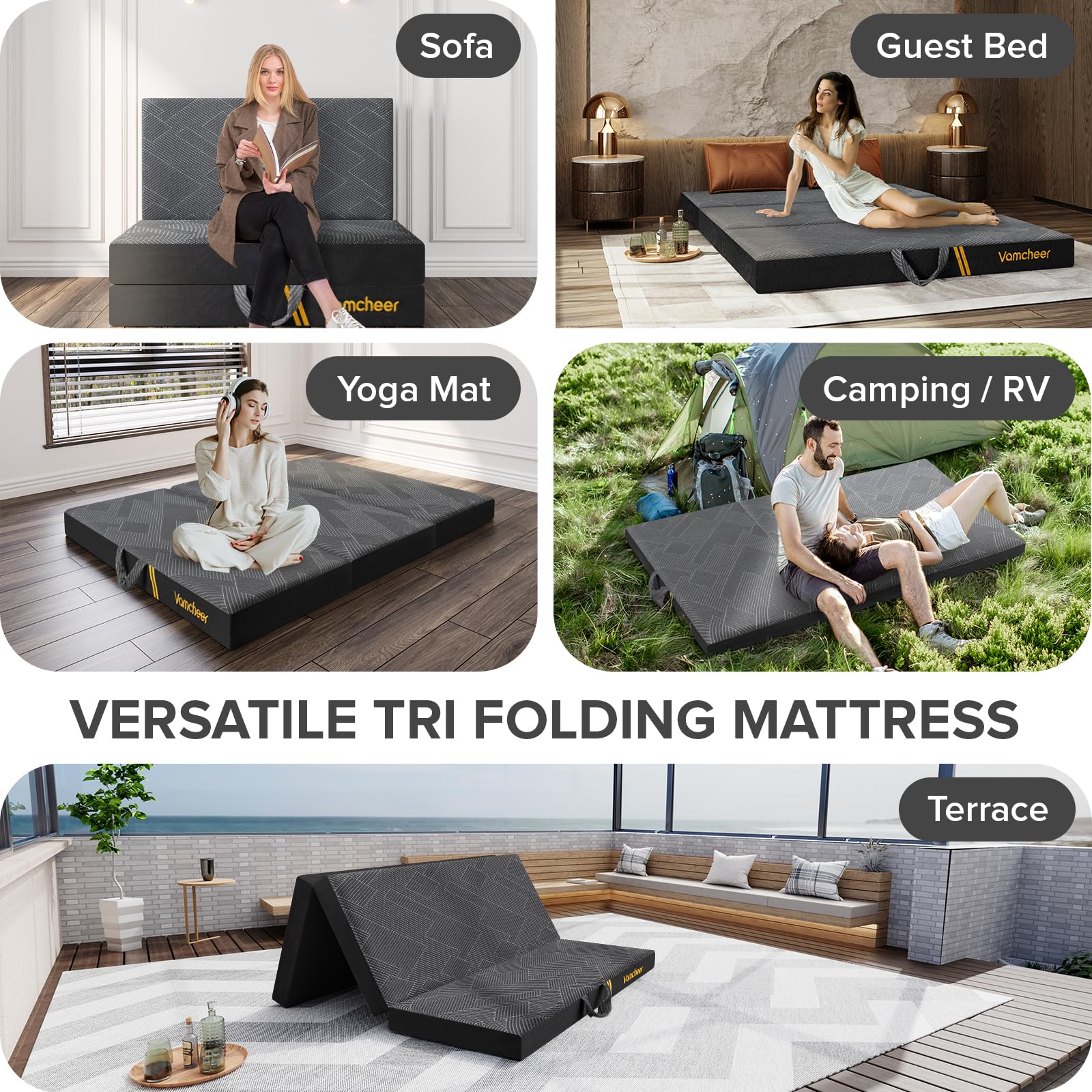 Vamcheer Tri Folding Mattress, 4 Inch Full Foldable Mattress, Tri-Fold Memory Foam Mattress With A Collapsible And Washable Cove