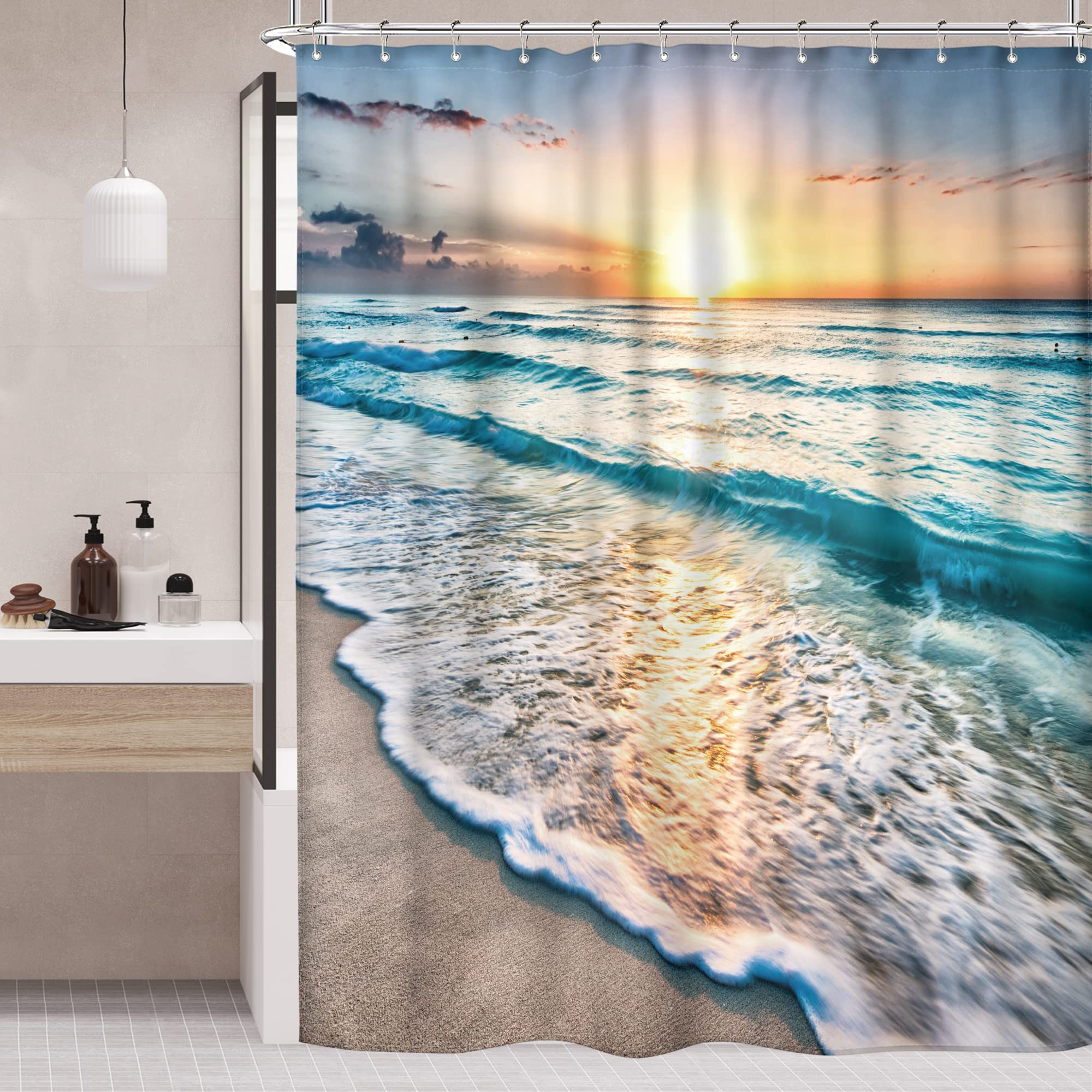 Riyidecor Ocean Coastal Hawaiian Sunrise Shower Curtain 72X84 Inch Sea Wave Summer Beach Seaside Scene Island Blue Fabric Set Wa