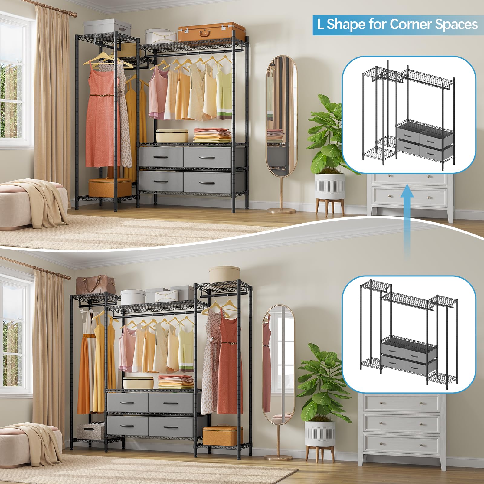 Vipek V20 Wire Garment Rack Heavy Duty Clothes Rack, Metal Clothing Rack With 6 Shelves, 3 Hang Rods & 4 Fabric Drawers, Compact