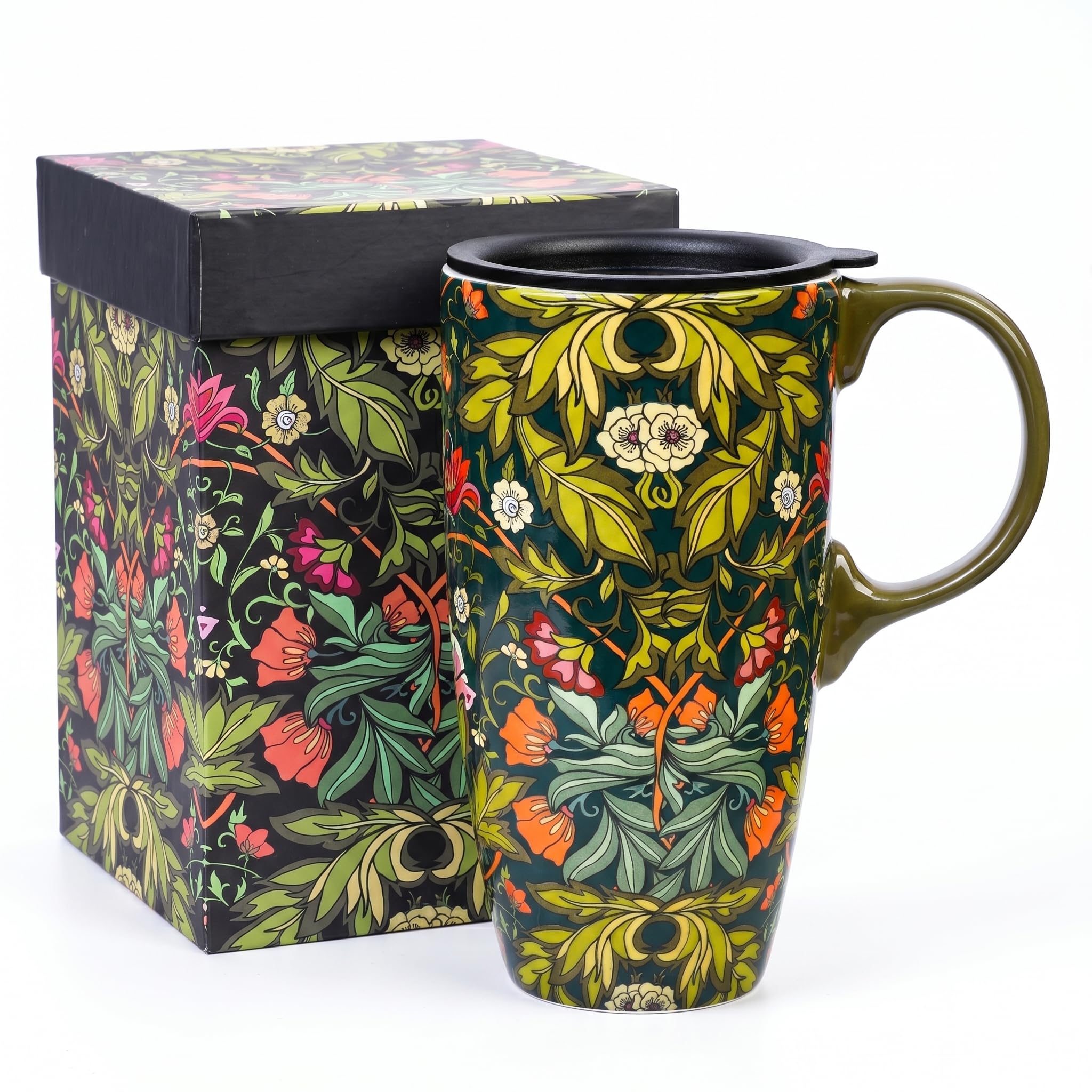 TZSSP 17oz Ceramic Coffee Mug with Lid, Vintage Botanical Floral Mug