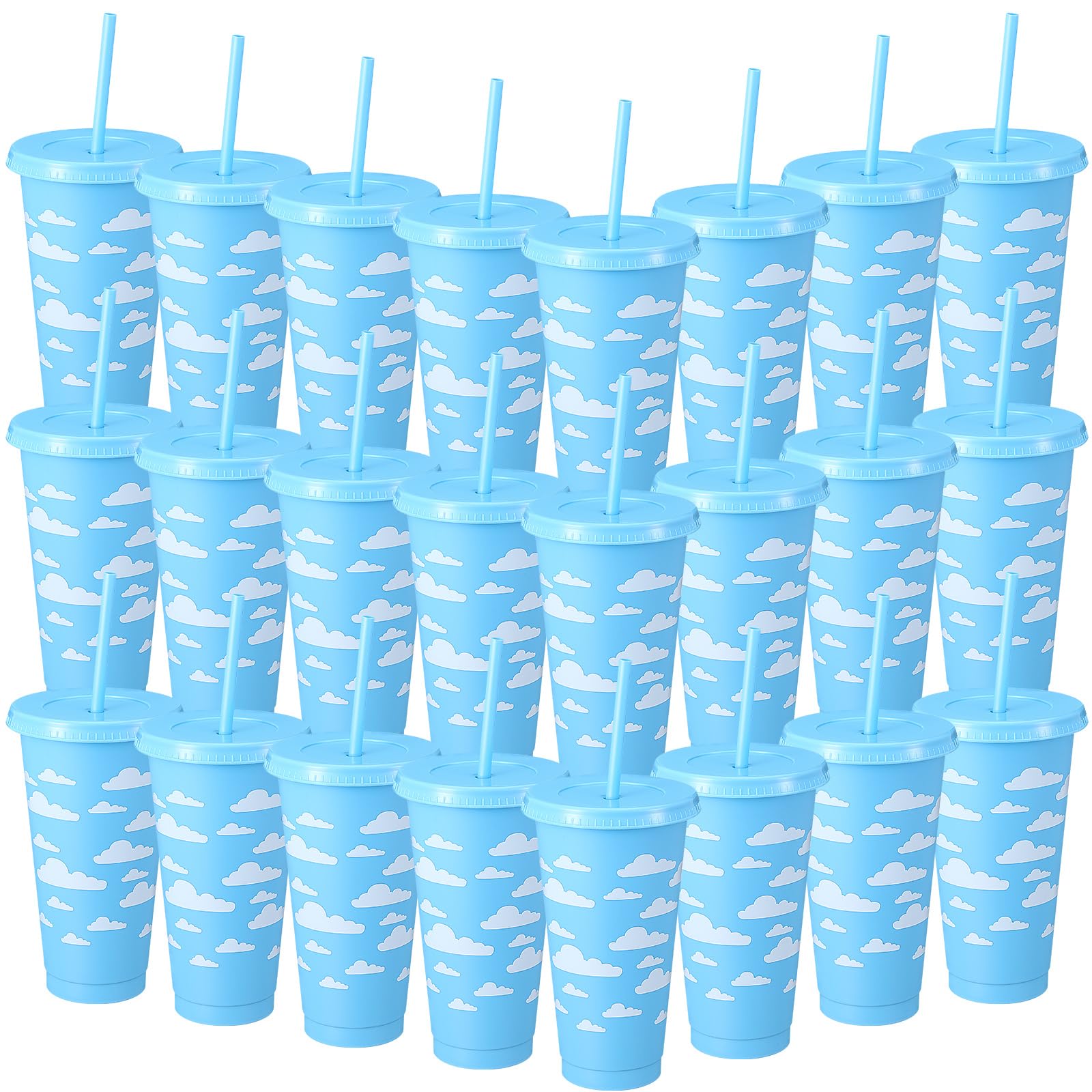 Havawish 24 Pcs Cloud Party Favors Blue White Cartoon Story Party Plastic Tumbler Bulk Gifts with Lid and Straw Reusable Cups Ca