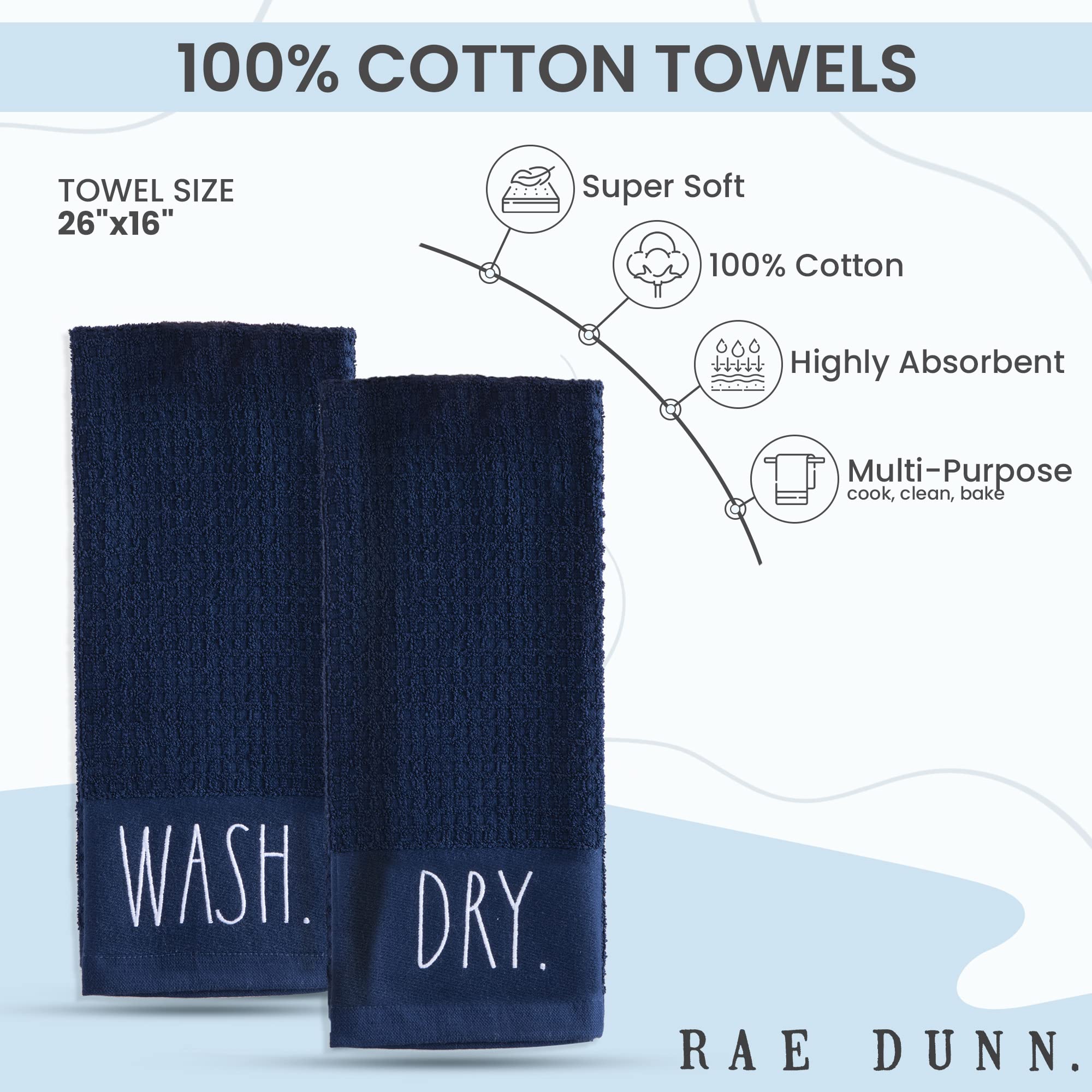 Rae Dunn Hand Towels  Embroidered Decorative Hand Towel for Kitchen and Bathroom  100% Cotton  Highly Absorbent  Two Pack  16x26  Embroidered WASH/Dry