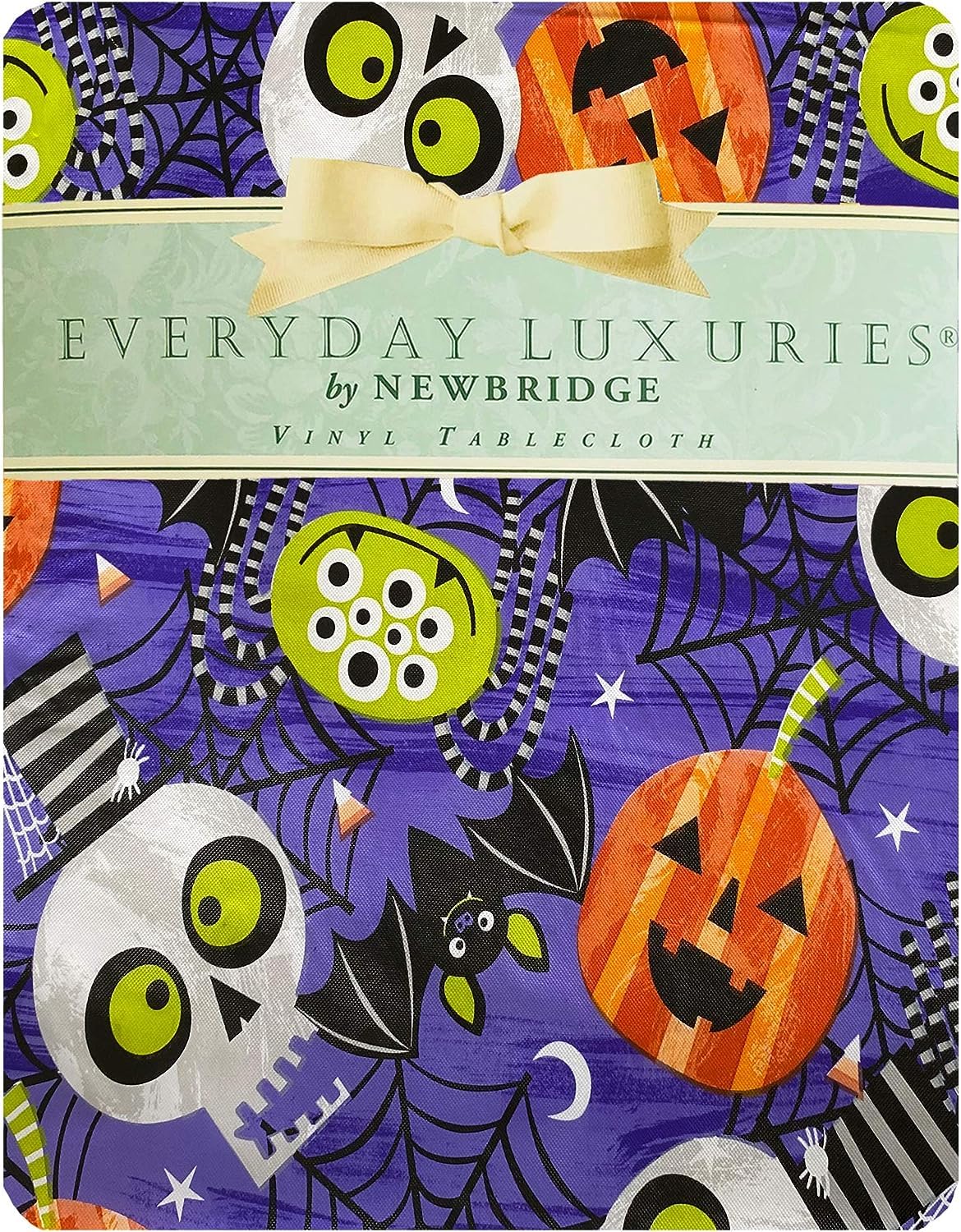 Newbridge Halloween Whimsical Ghoulish Gang 52 X 52 Inch Square Vinyl Flannel Backed Tablecloth, Spooky Skulls, Bats And Pumpkin