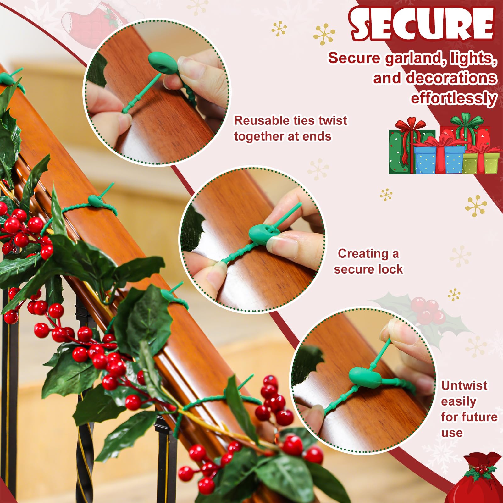 Roowest 100 Pcs Christmas Garland Ties 9 Green Flexible Adjustable Decorative Silicone Soft Banister Ties Reusable Garland Str