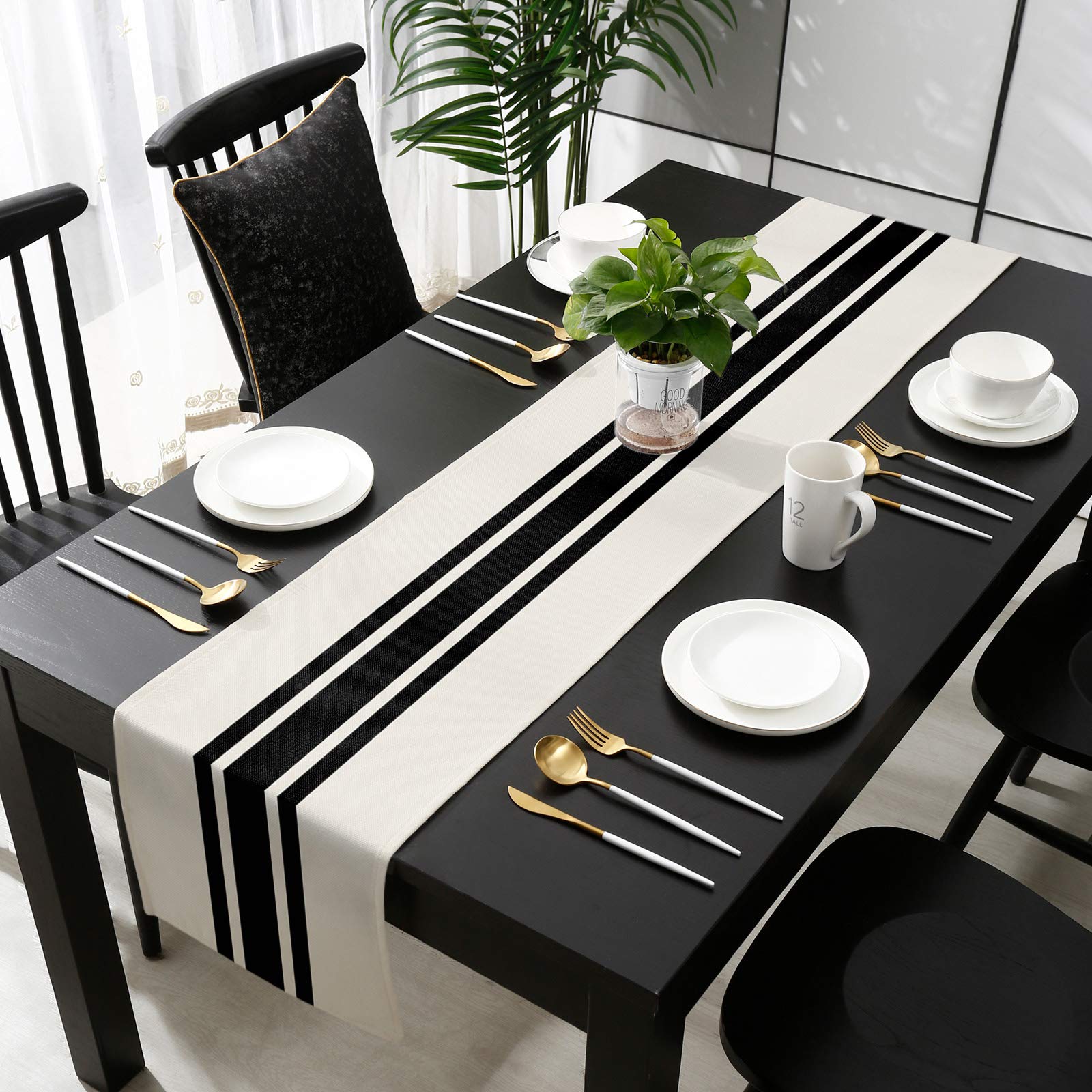 Rural Farmhouse Black Line Stripes Burlap Table Runner 108 Inches, Beige Bed Runner Dresser Scarves Tabletop For Indoor Outdoor