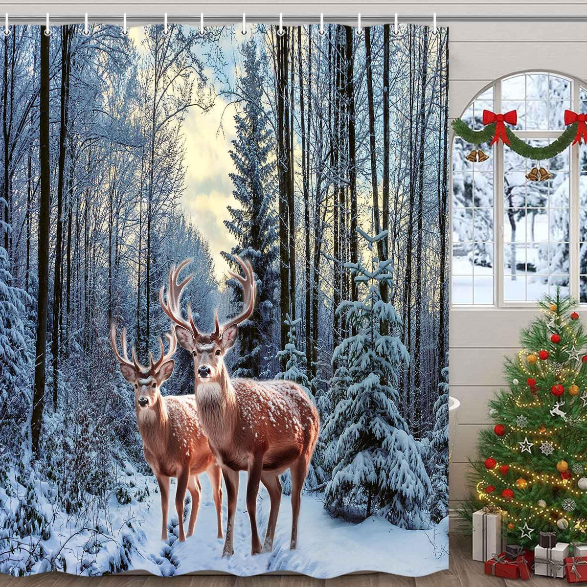 Merchr Winter Snow Forest Shower Curtain, Christmas Pine Tree Deer Snowflake Shower Curtain For Bathroom, Xmas Holiday Decor Rus