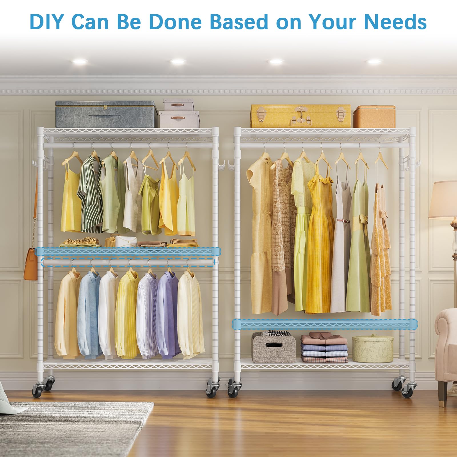 Vipek V12 Rolling Garment Rack 3 Tiers Adjustable Wire Shelving Clothes Rack With Wheels, Freestanding Wardrobe Storage Rack Hea