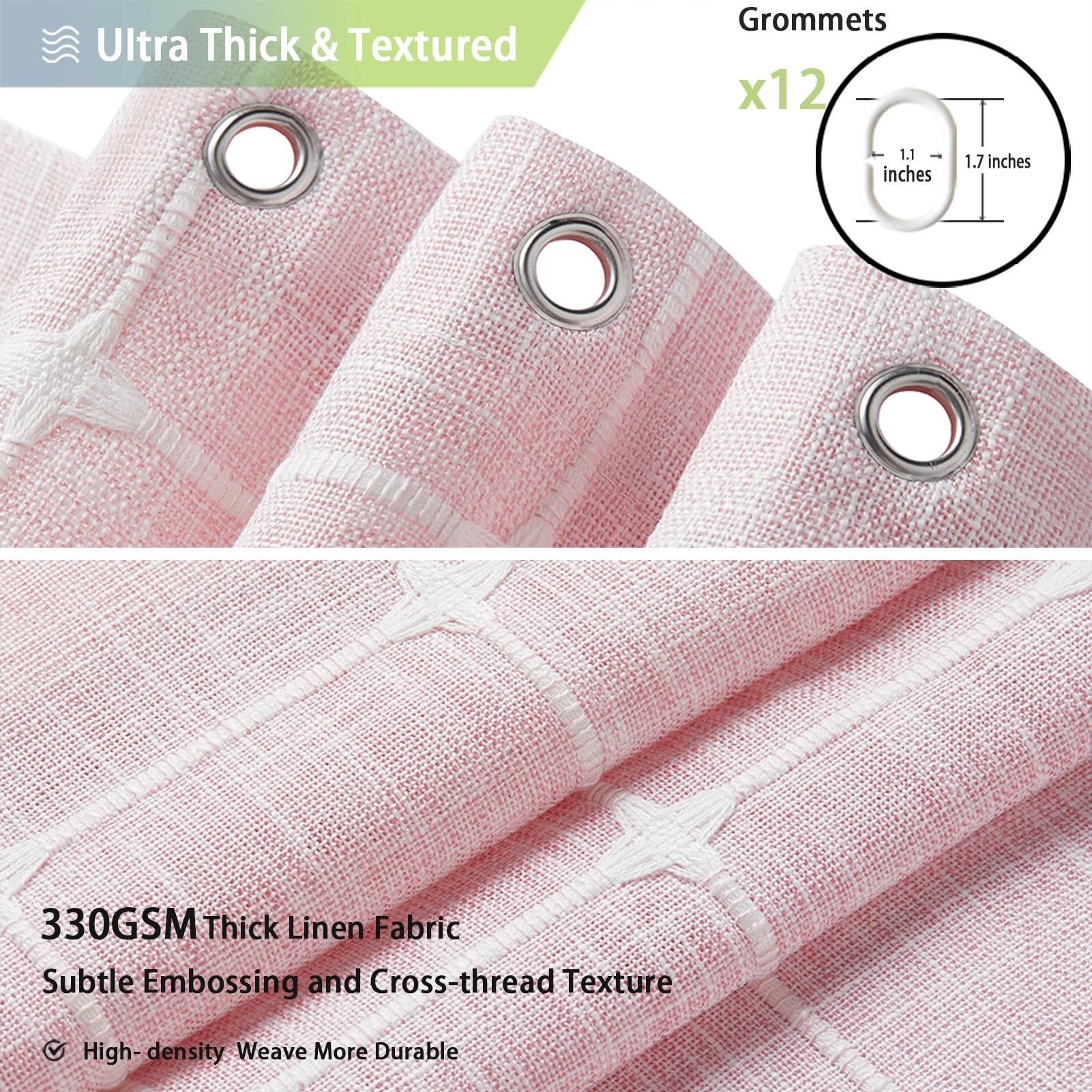 Yuanice Long Pink Boho Shower Curtain 78 Inches, Long Linen Rustic Fabric Textured Shower Curtain Set With Tassels, Tall Modern