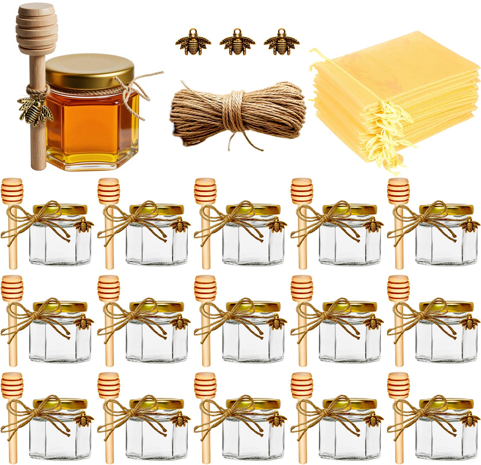 Adabocute Honey Pot 2oz, Mini Glass Honey Jars with Wood Dipper, Gold Lid, Bee Pendants, Beige Gift Bags, Thank-you Tags, Ideal 