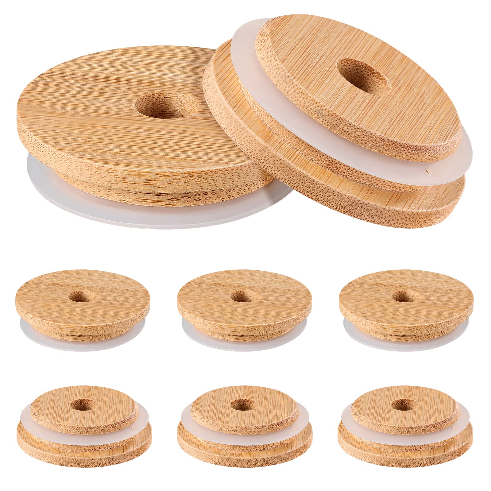 8Pcs Mason Jar Lids With Sealing Ring, Reusable Bamboo Mason Jar Lids, Mason Jar Tumbler Lids Tops, For Wide Mouth Mason Jars Ca