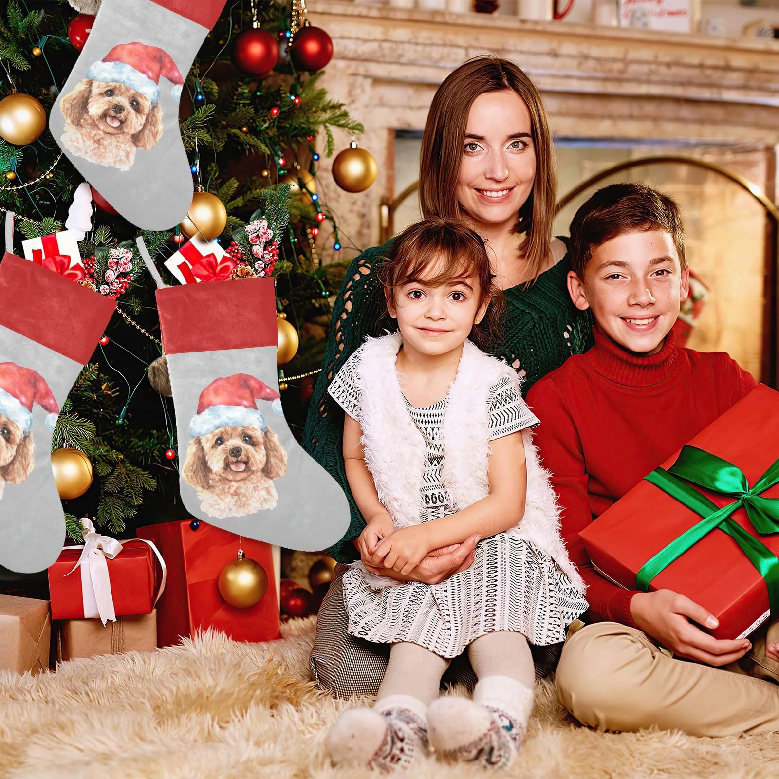 SunFancyCustom Personalized Santa Hat Poodle Dog Custom Family Xmas Stockings with Name for Home Christmas Party Ornaments Decor