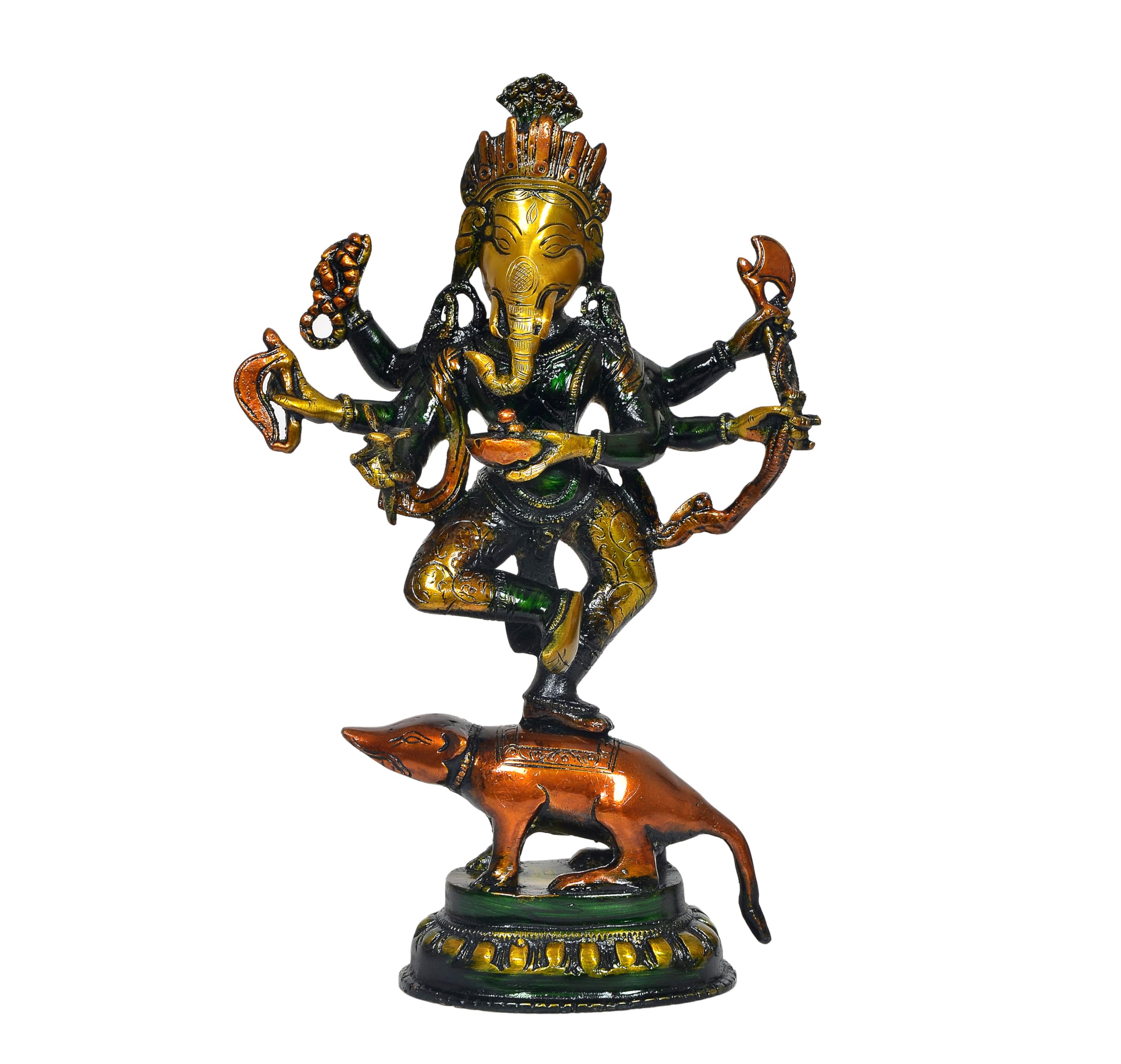 Dattatreya Brass Ganesha Six Hand God Ganesh Dancing On Mushak Idol For Home Decor Pooja Mandir Temple (Height 12 Inch)