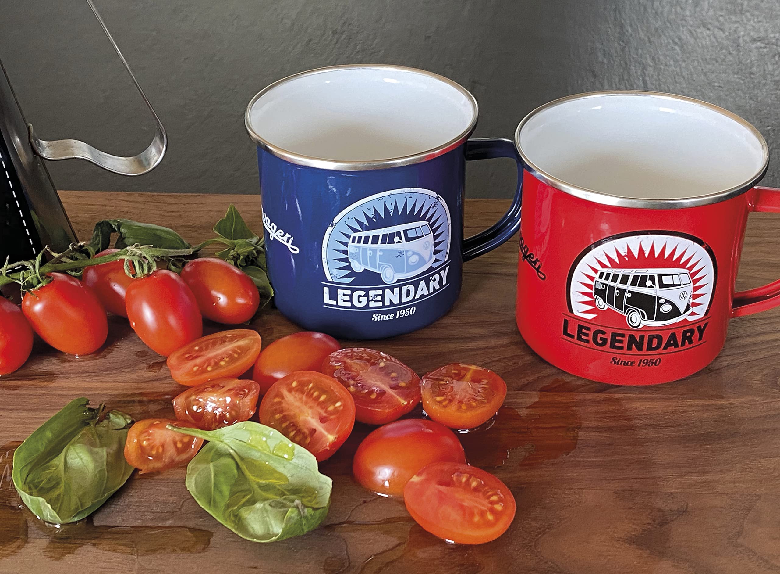 Brisa Vw Collection - Volkswagen 2-Piece Enamel Coffeetea Mug Cup Set For Camping & Outdoor T1 Bus (Legendary/Red&Blue) (11.8 Fl