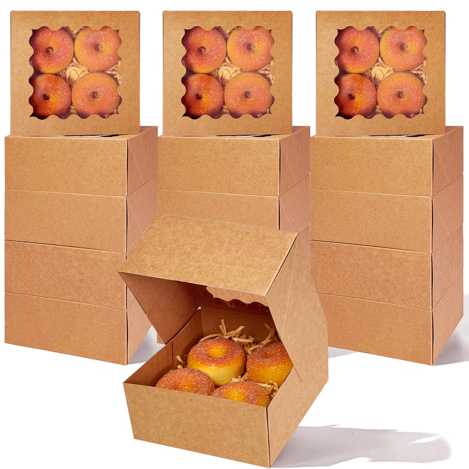 qiqee Auto-pop up Cookie Box with Window 6x6x3 Inch Brown 60Pcs Pastry Macaron Bakery Pie Box For Packaging