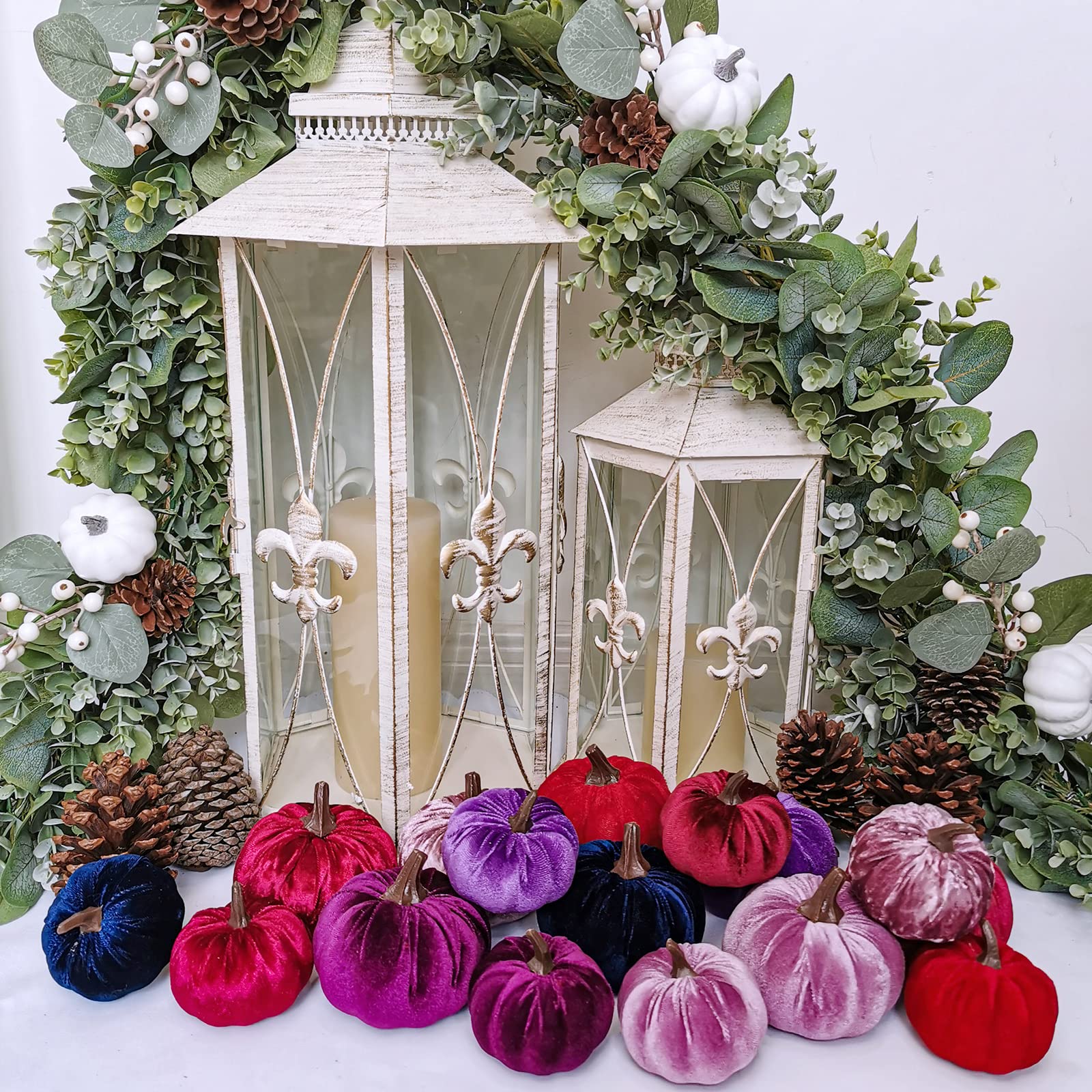 16 Pcs Assorted Small Faux Velvet Pumpkins Decorative Burgundy Red Purple Lilac Navy Blue Fabric Foam Pumpkins for Farmhouse Fal