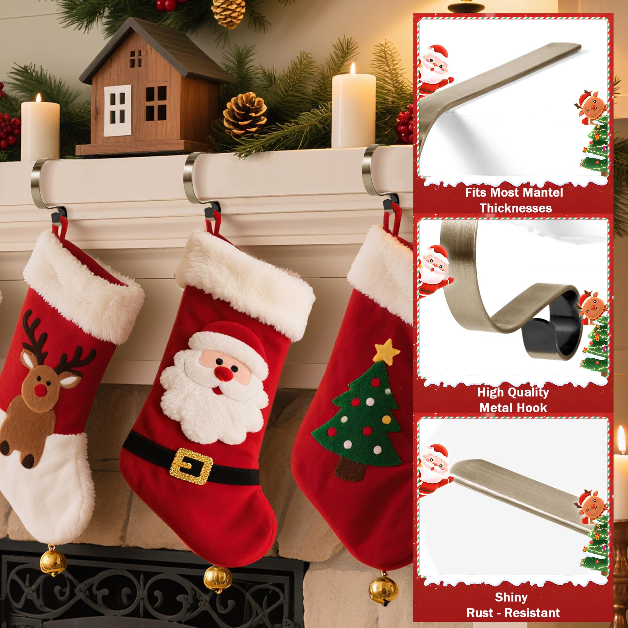 TAROSE Stocking Holders for Mantle, Christmas Stocking Holder Set of 4, Mantle Clip Fireplace Hooks Hanger for Christmas Party D
