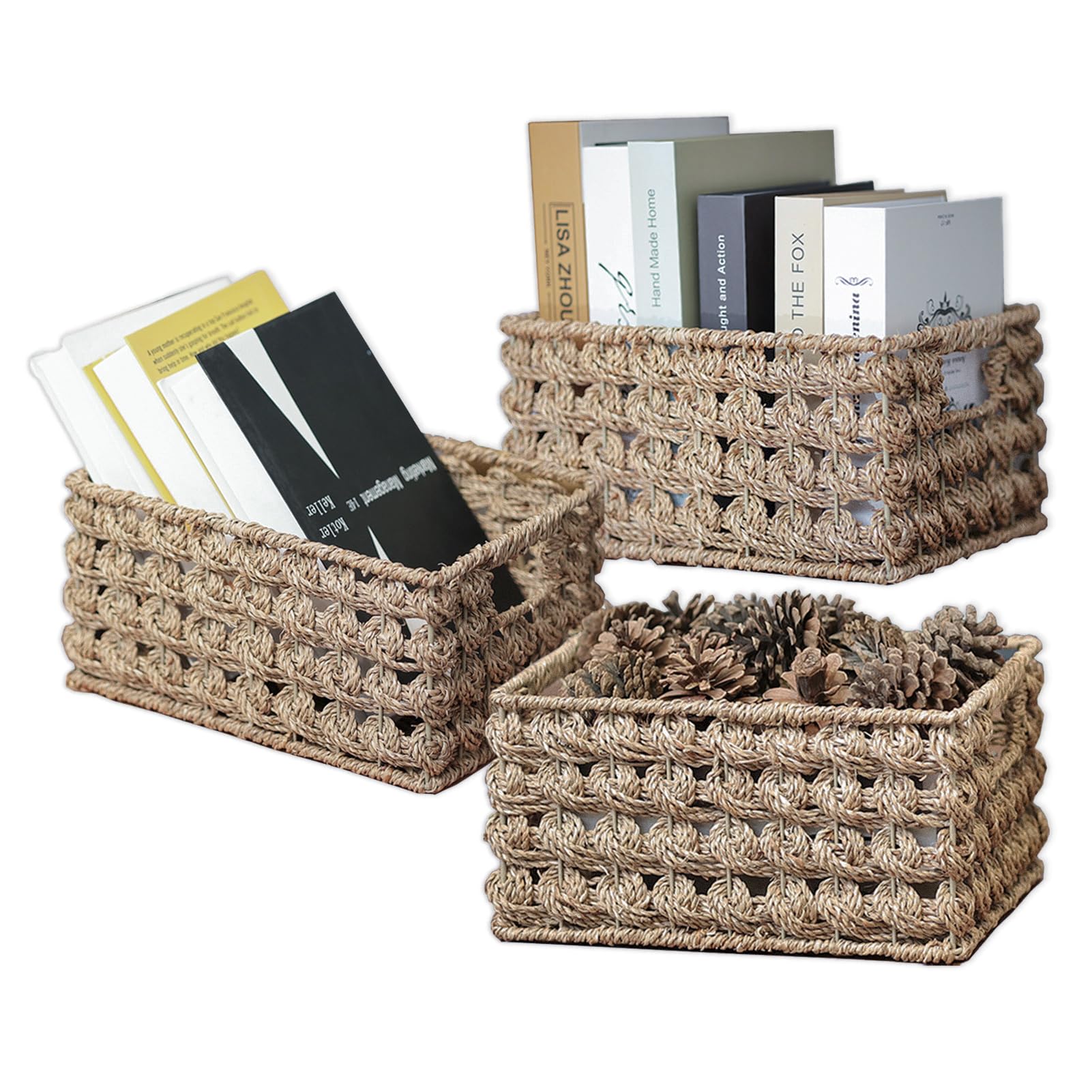 Ellinia Wicker Storage Baskets, Seagrass Baskets For Counter Organizing, Handwoven Rectangular Baskets For Shelves, 11 X 7.5 X 6