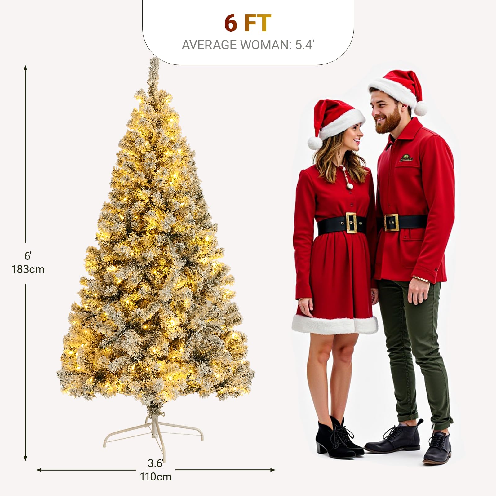 6FT Flocked Green Artificial Christmas Tree with 250 Warm White LED Lights - Pre-Lit Snow Tipped Full Tree for Indoor Holiday Ho