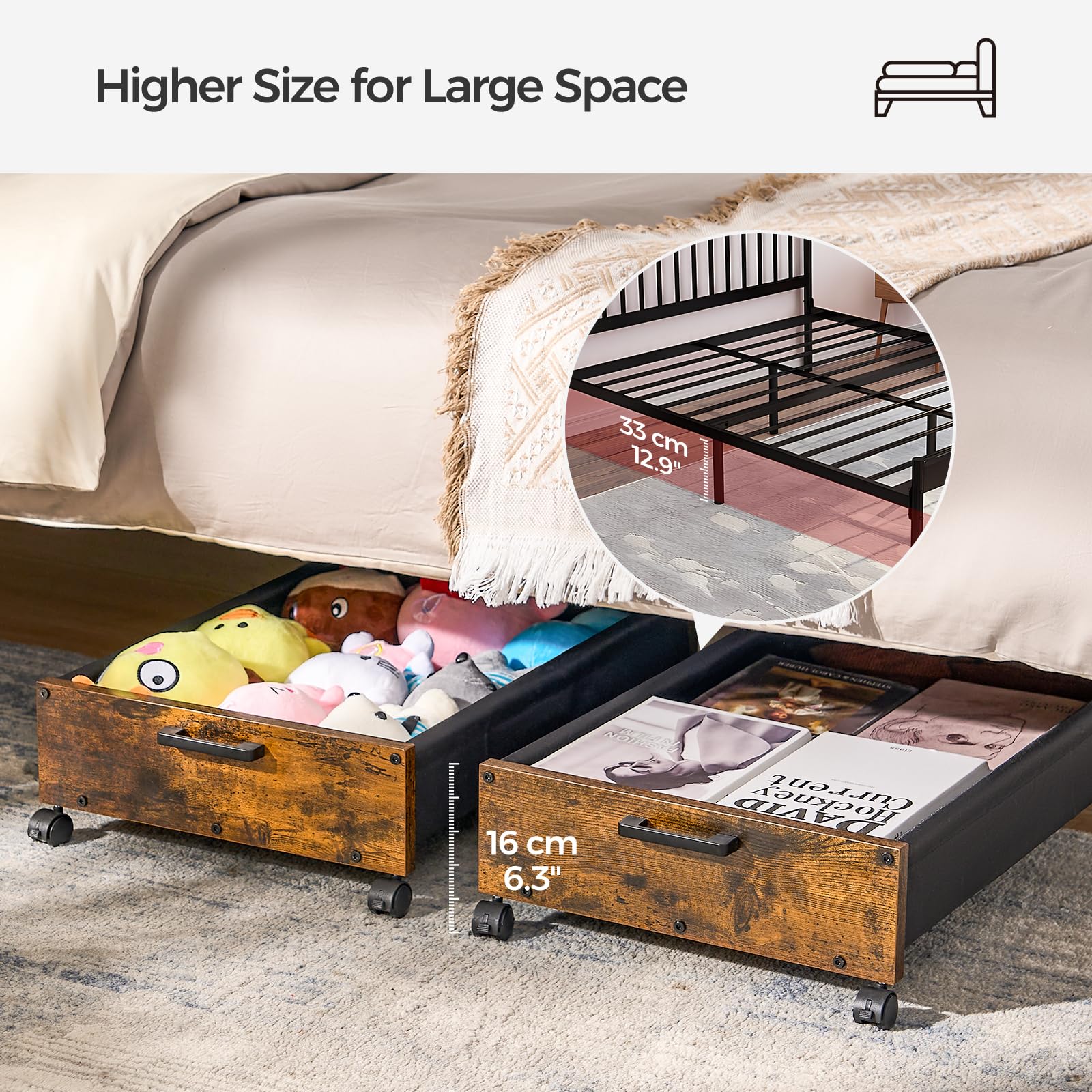 FOUCSSOMEI Under Bed Storage with Wheels, Under Bed Drawers on Wheels, 2 Packs, Wooden Under Bed Shoe Storage, Metal Frame, Heav