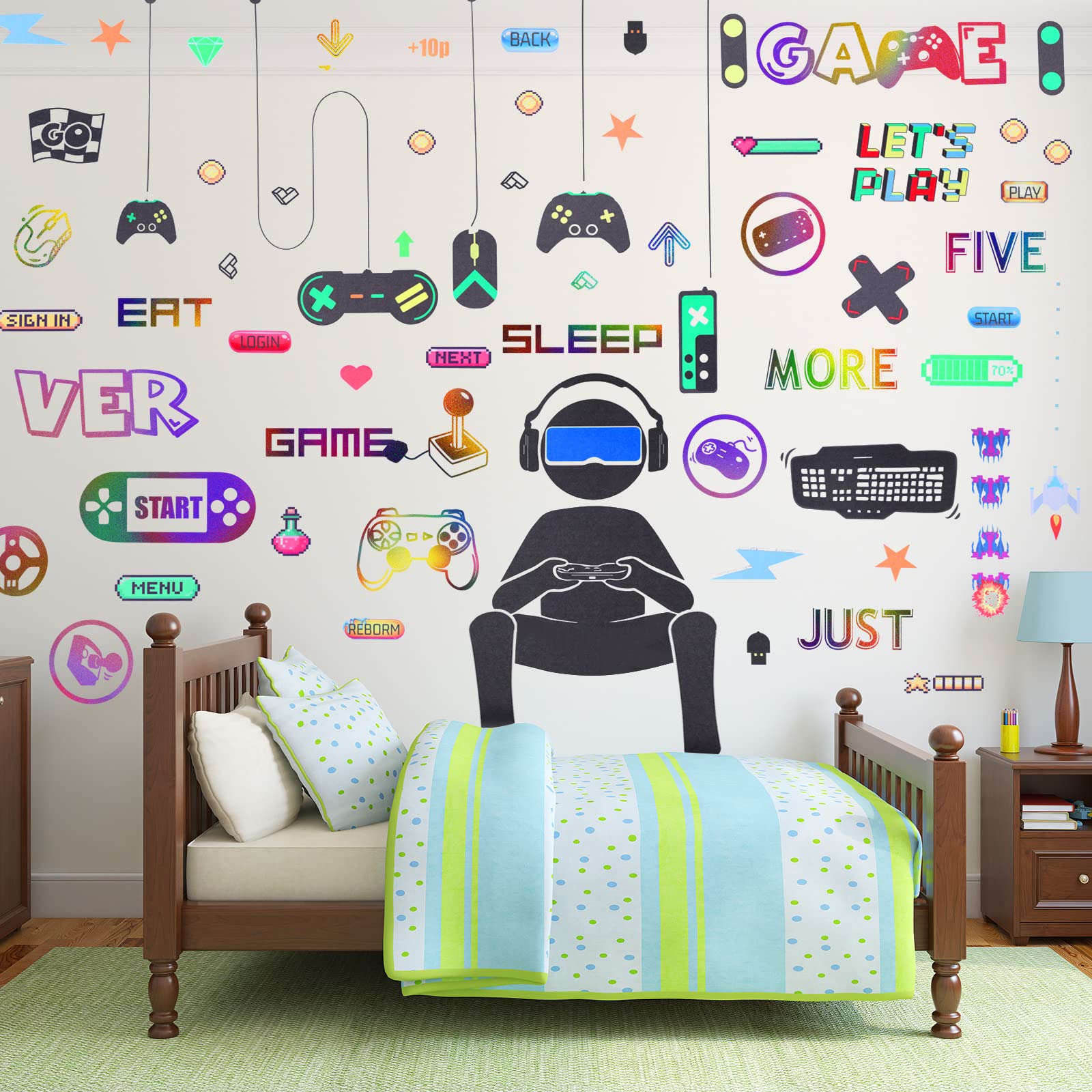56 Pieces Gamer Wall Decals Gaming Controller Joystick Decals Removable Video Games Stickers Game Boy Wall Art for Bedroom Playr