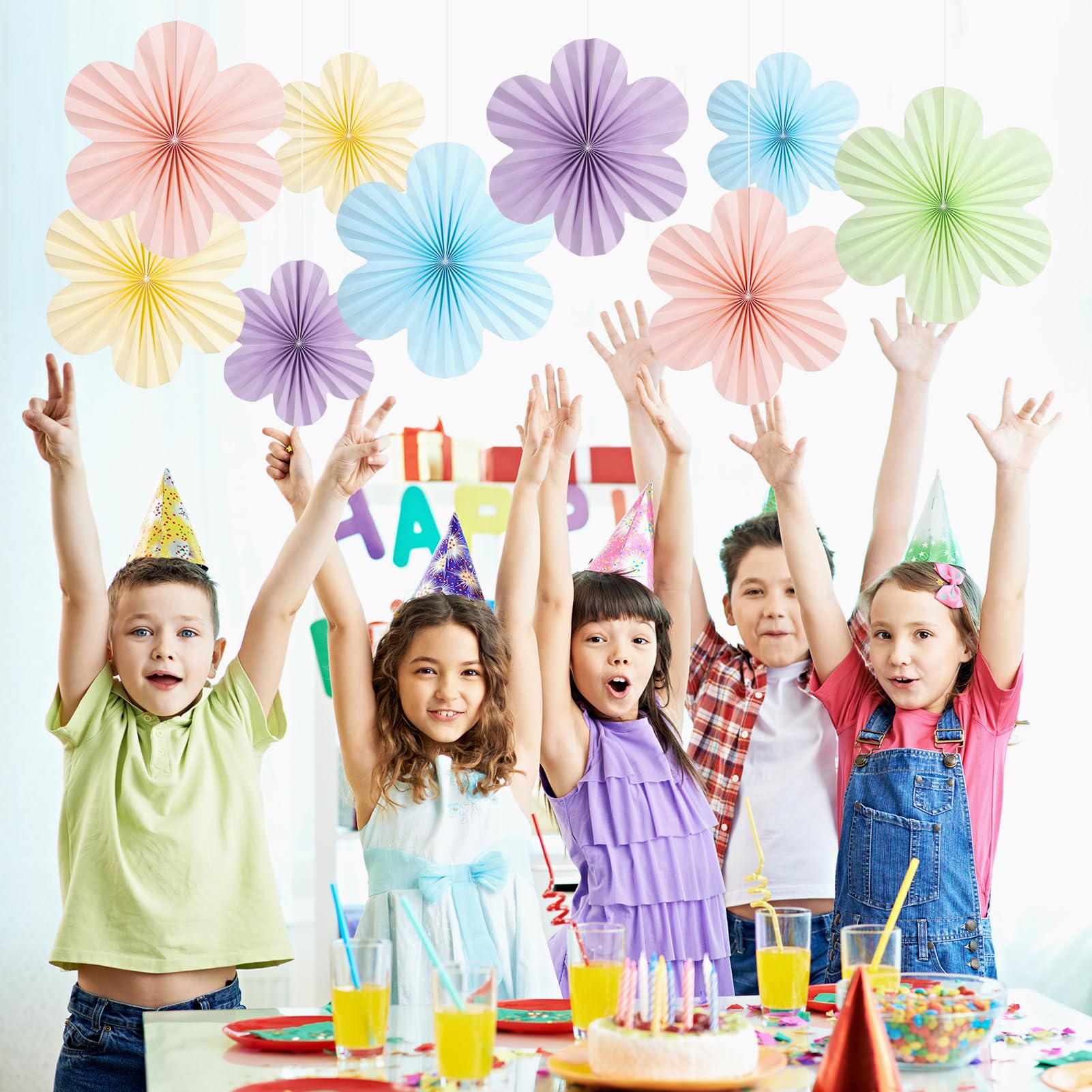 Sunbeauty 9 Pcs Pastel Paper Flowers Decorations For Wall Paper Fans Classroom Decoration Paper Floral Backdrop Decor Paper Fans
