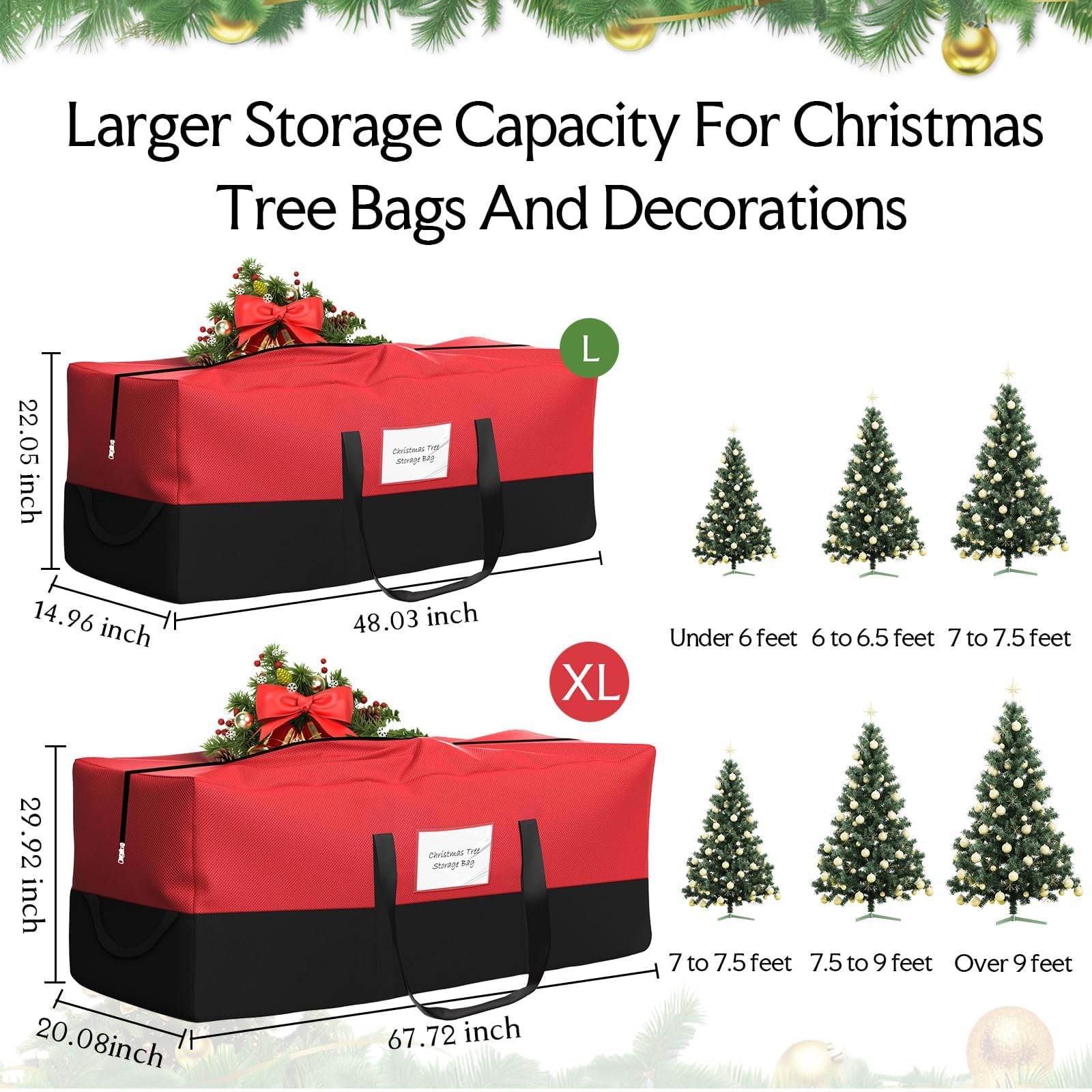 NAVTUE Christmas Tree Storage Bag, 10 FT Heavy Duty 600D Oxford, Red & Black, Dampproof with Durable Handles & Dual Zipper