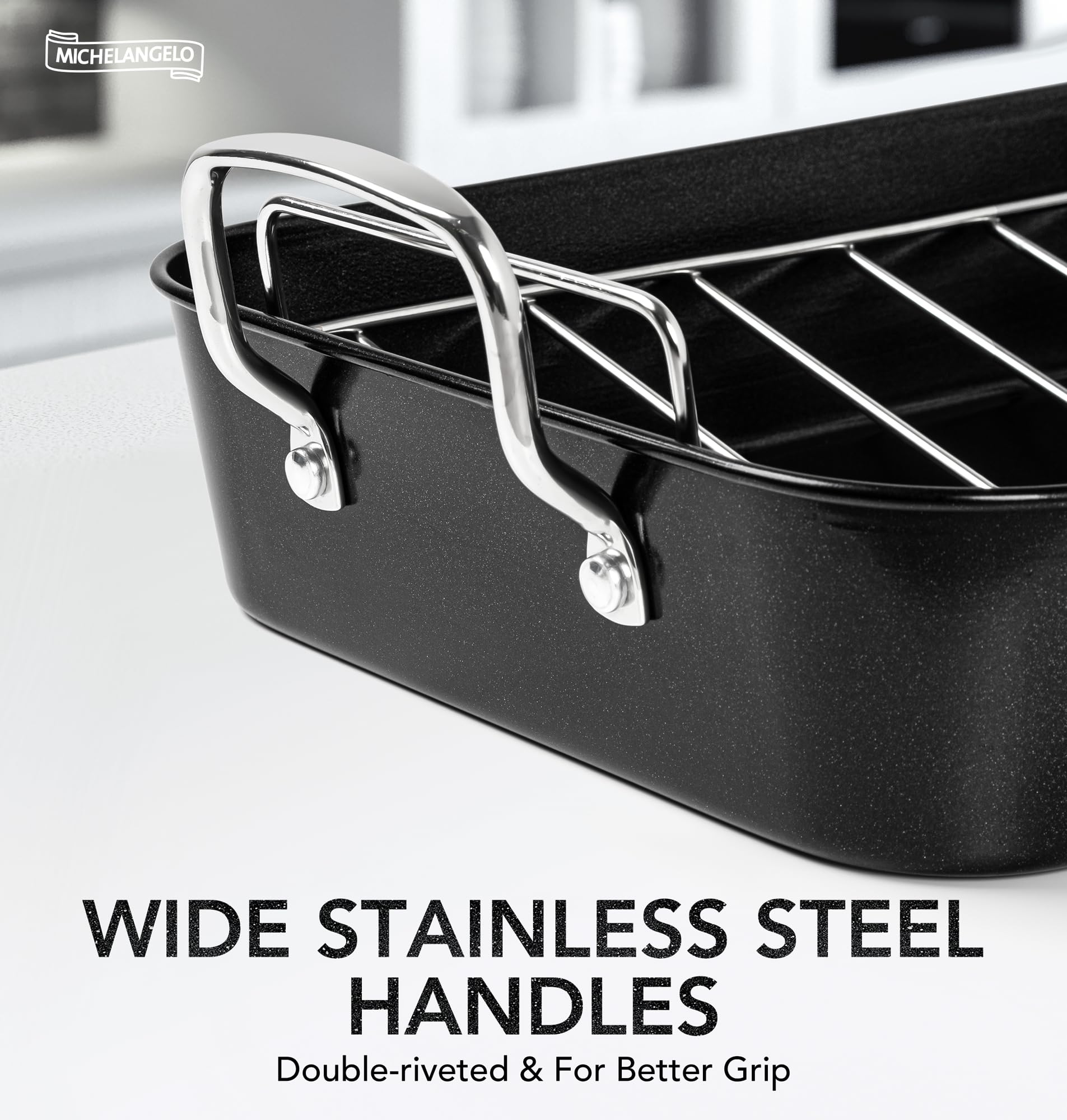 Michelangelo Roasting Pan With Rack, Carbon Steel Turkey Roasting Pan For Oven And Induction, Nonstick Turkey Roaster Pan With S