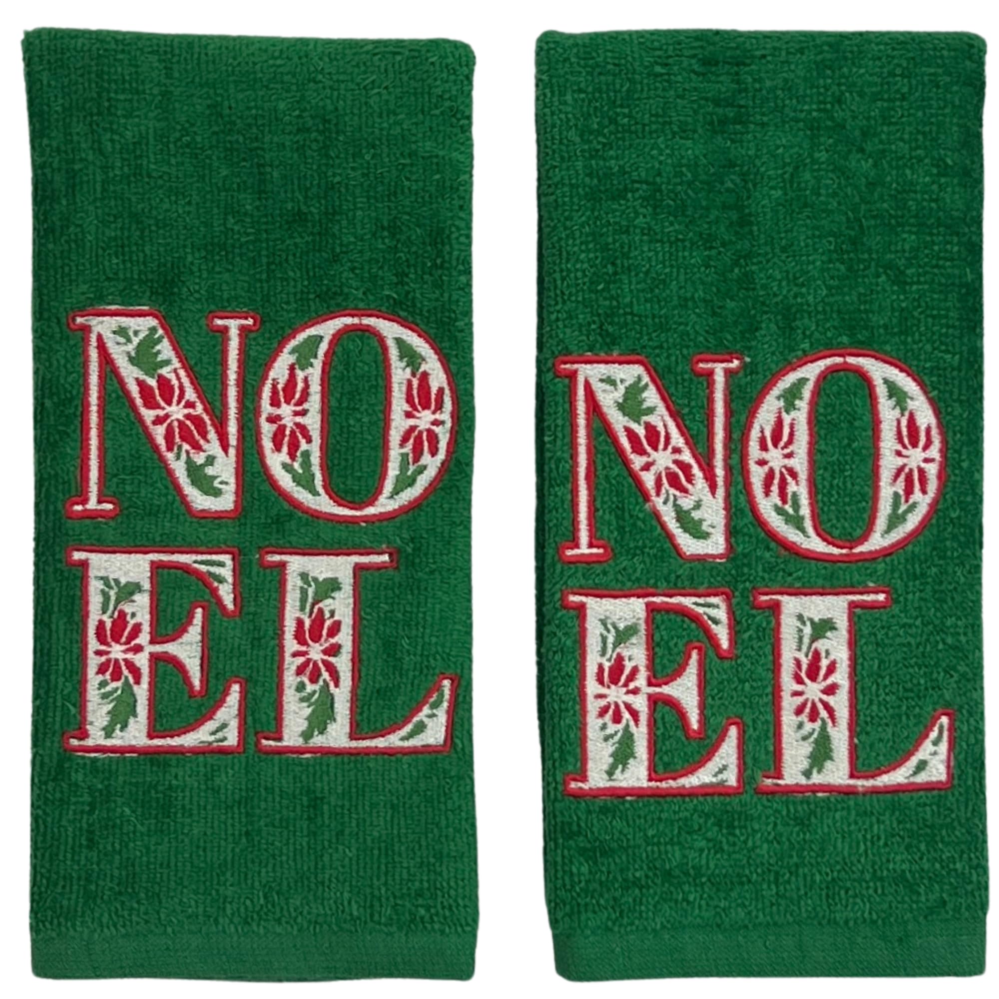 Serafina Home Holiday Christmas Bath Fingertip Towels, Embroidered Poinsettia Noel, Green With Stitched Hem, 2 Piece Set, 12 X 1