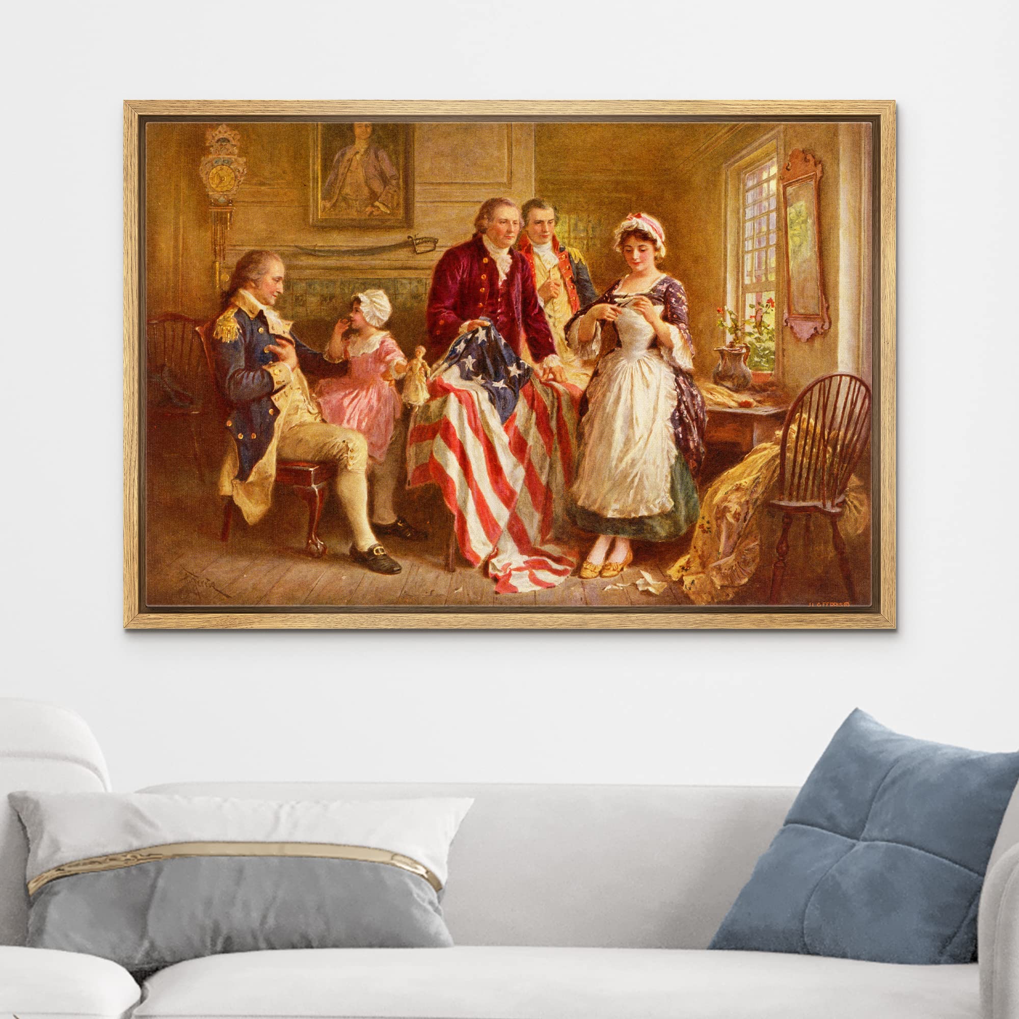 Wall26 - Betsy Ross 1777 By Jean Leon Gerome Ferris - Framed Canvas Print Wall Art Famous Painting Reproduction - 24''X36'' Natu