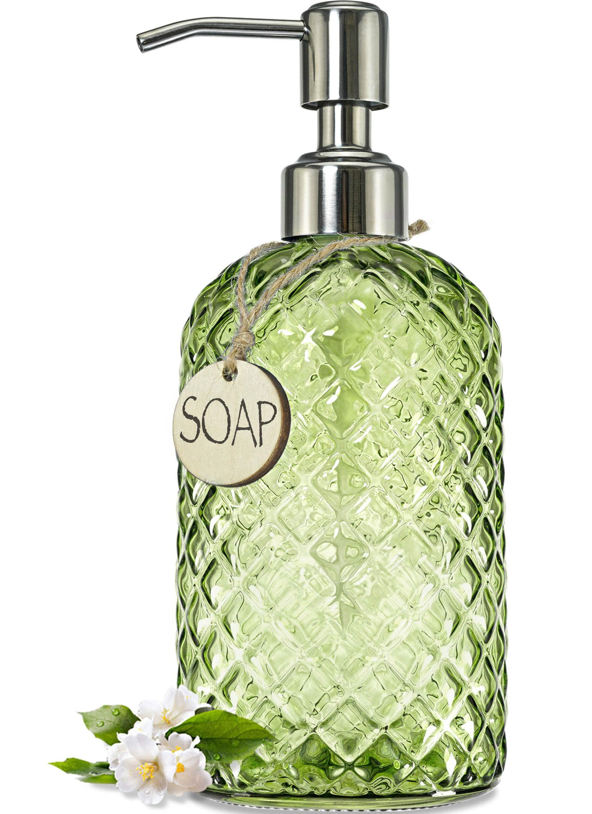 Jasai 18Oz Tea Green Soap Dispenser With Rust Proof Pump, Refillable Glass Soap Dispenser For Bathroom & Kitchen To Dispense Dis