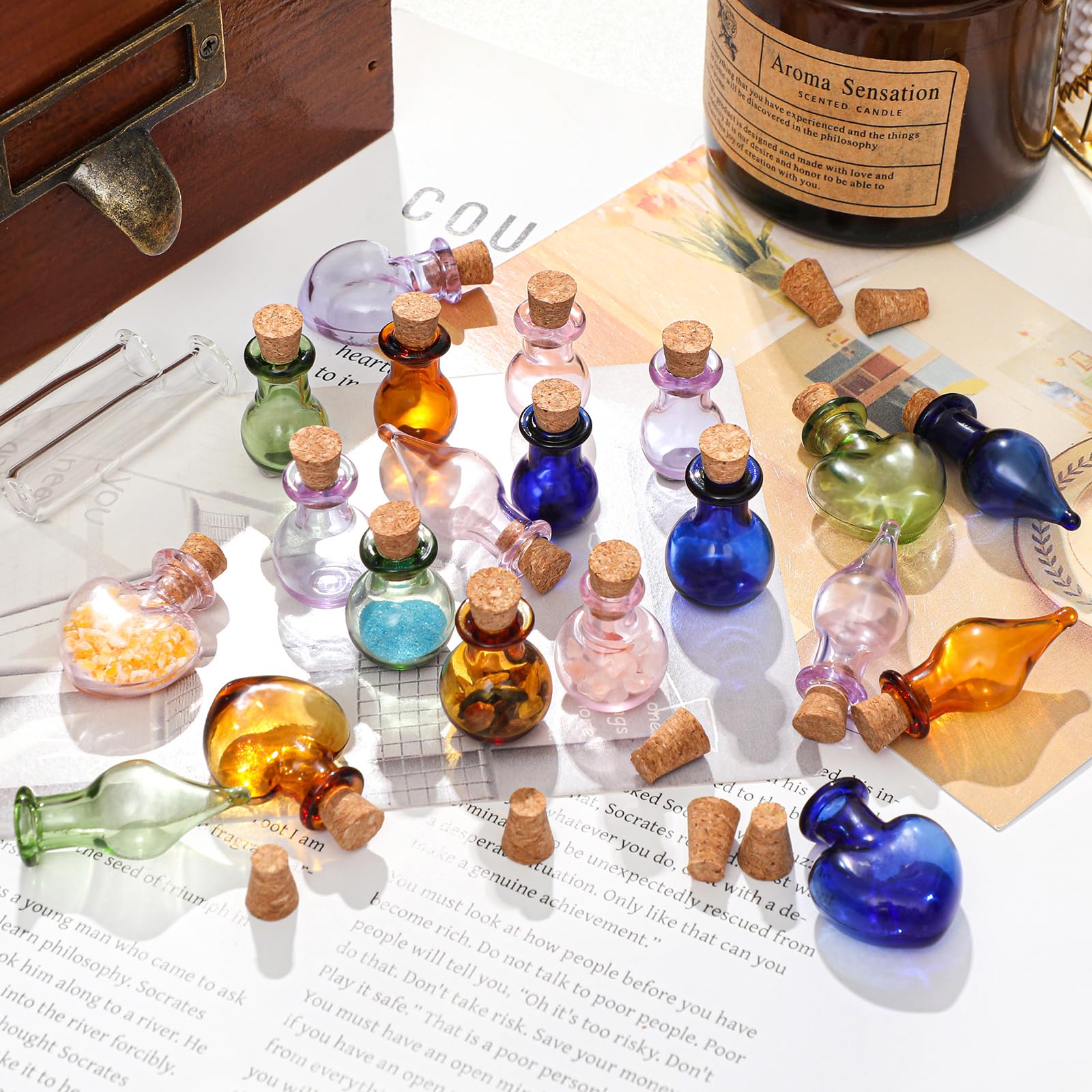 Patelai 50 Pcs Mini Glass Bottles Jars with Cork Stoppers Tiny Cork Glass Bottles Halloween Small Wishing Message Jars DIY Decor
