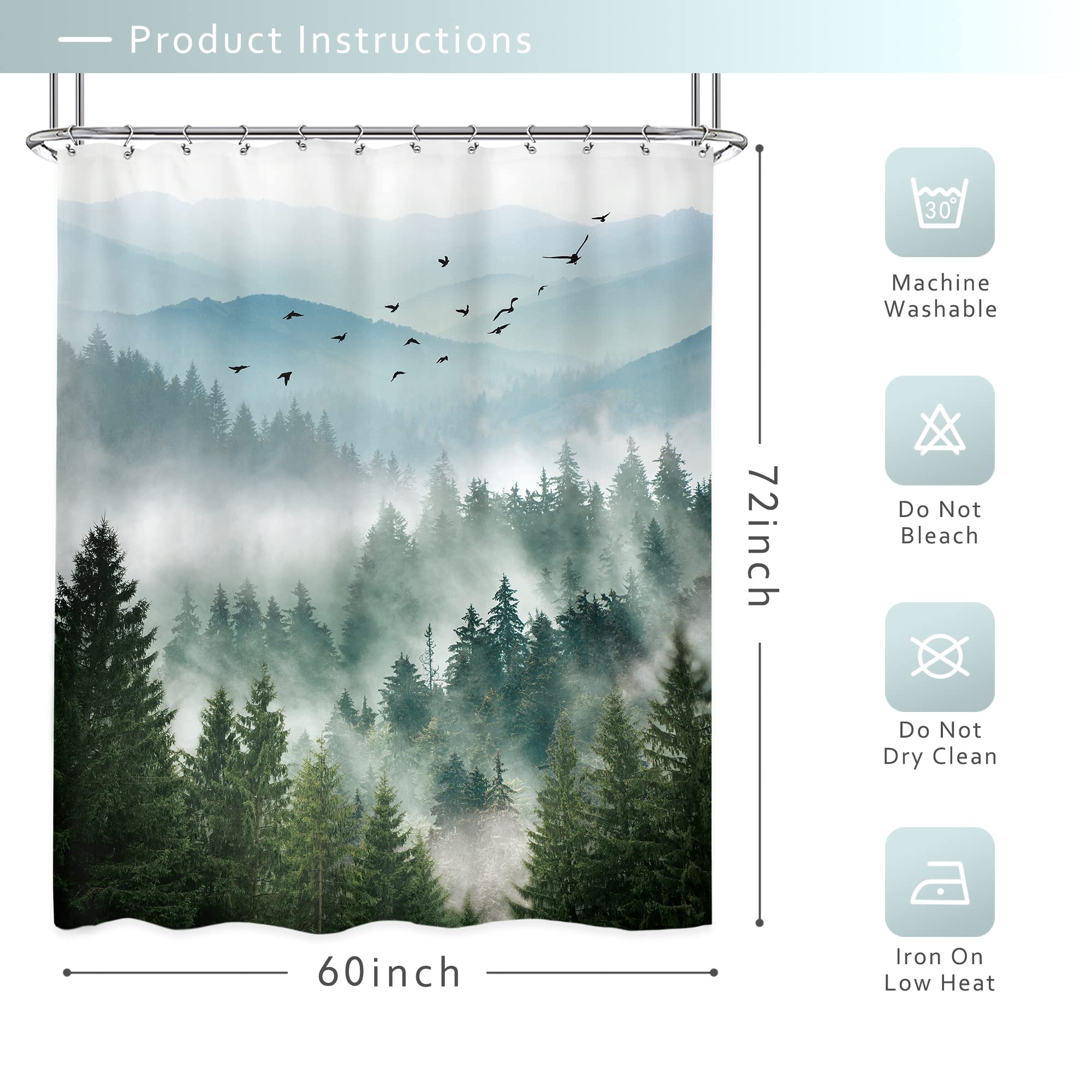 Riyidecor Green Shower Curtain 60Wx72H Inch Nature Mountain Scenery Pine Tree Greenery Foggy Landscape Natural Woodland Mens Bat