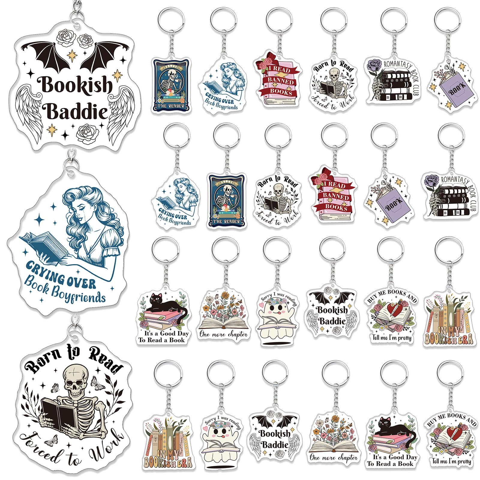 Equsion 24 Pcs Book Lovers Gifts Funny Book Keychain Bookish Party Favor Accessories, Birthday Gifts for Women (Retro)