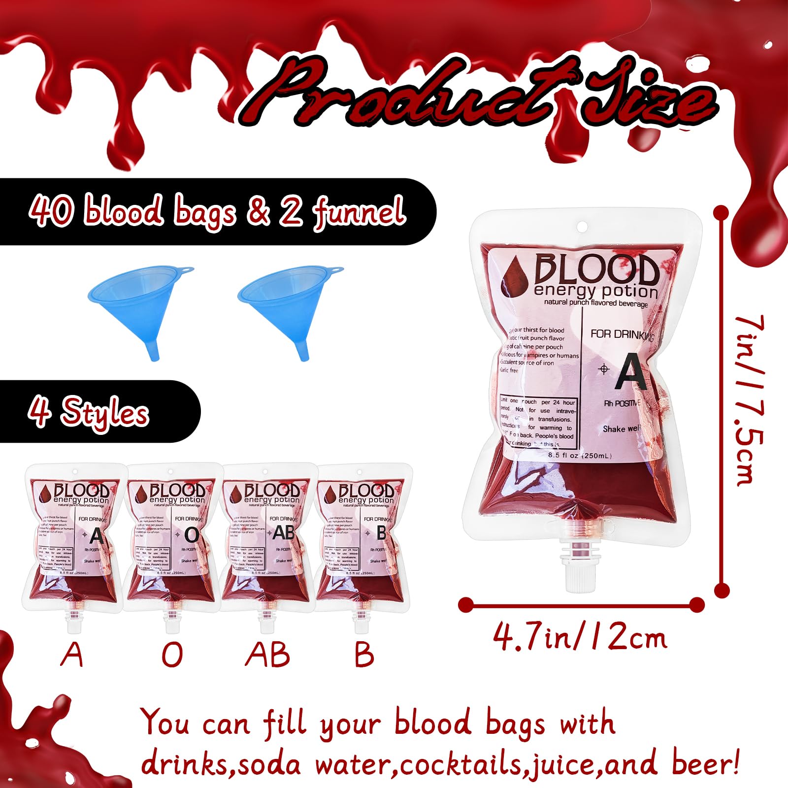 40 Pack Blood Bags For Drinks,8.5Oz Halloween Decoration Drink Container,Reusable Food Grade Drink Pouches With Funnel,Nurse Par