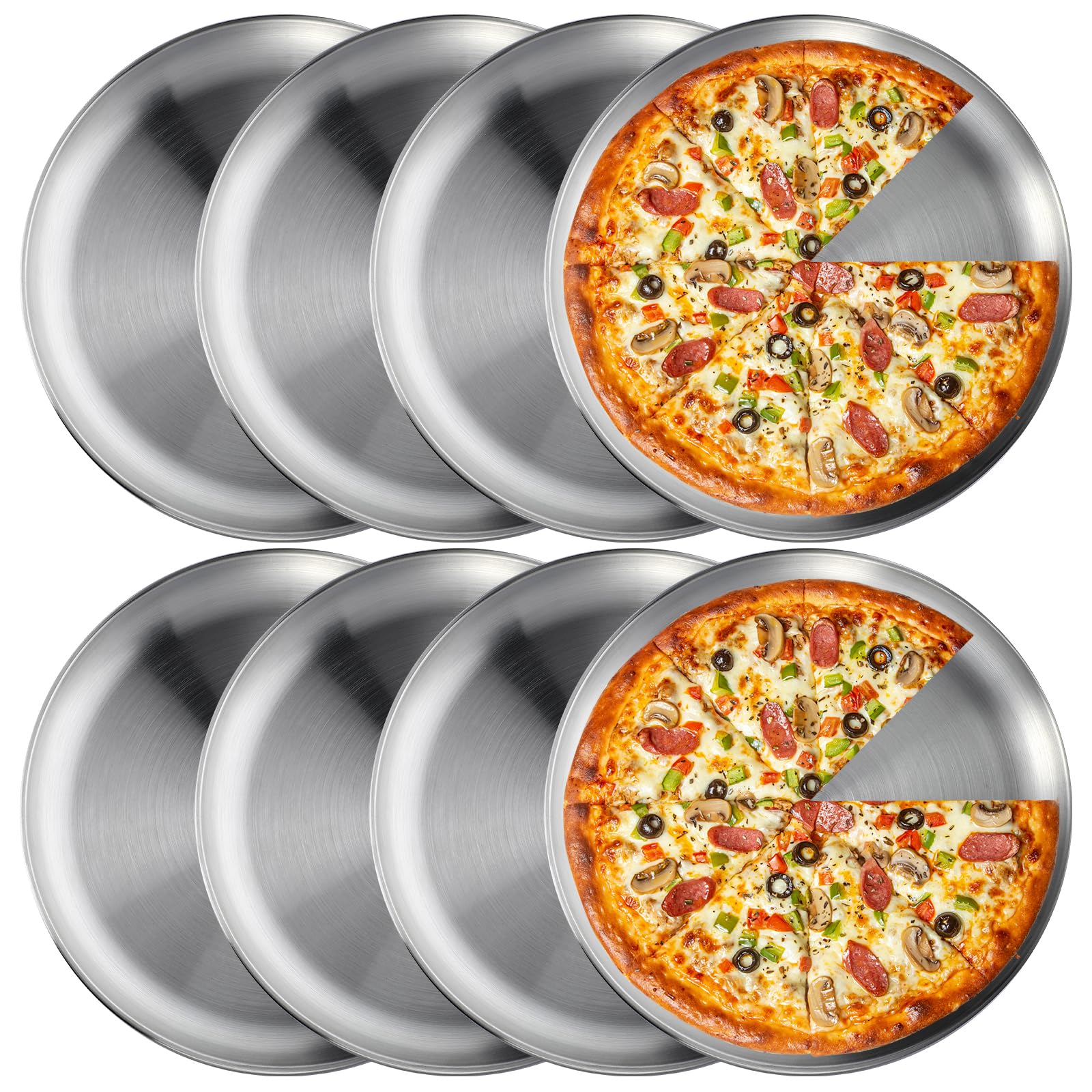 wutfuooo 8 Pieces 12 Inch Pizza Pans Bulk Stainless Steel Sets Round Bakeware Pizza Trays for Oven Kitchen Baking Home Restauran