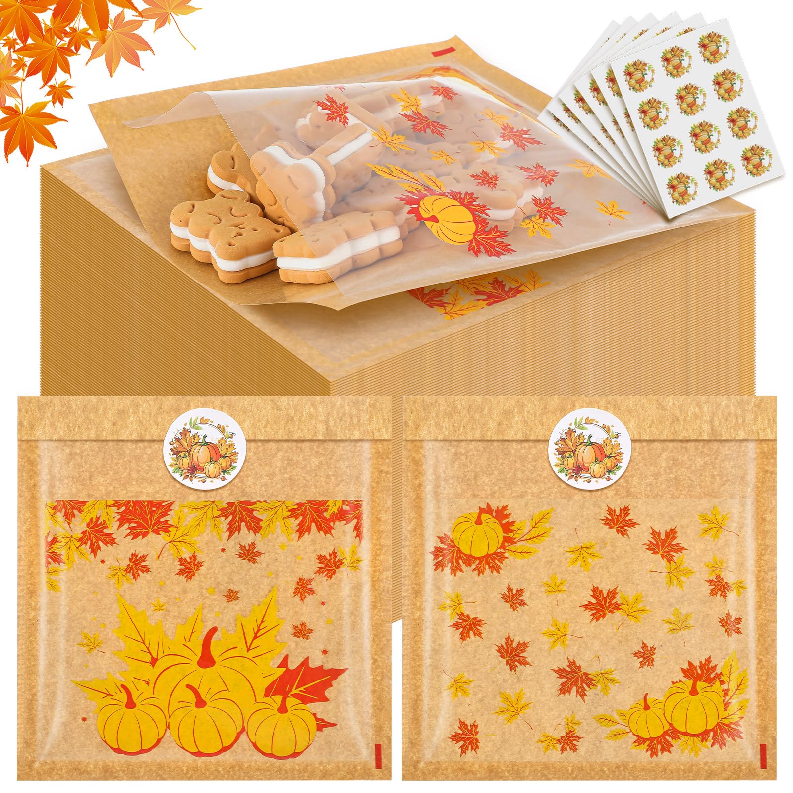 Outus 200 Pcs Fall Cookie Bags with Window Thanksgiving Autumn Maple Leaves Pumpkin Cookie Kraft Candy Bakery Pastry Bags with P