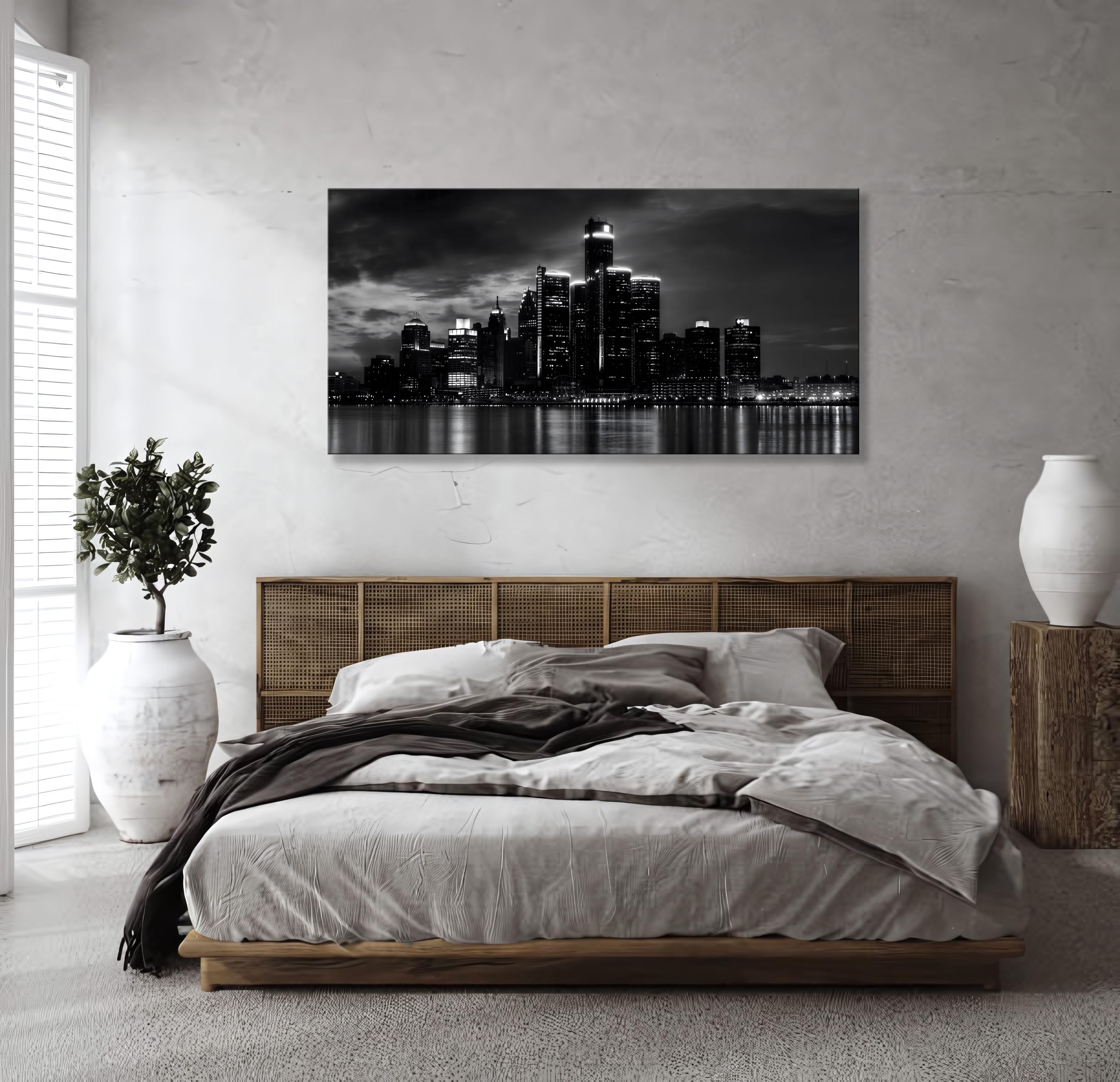 Nan Wind Detroit Skyline Canvas Wall Art Cityscape Night Scene Black & White City Art Print On Canvas Modern Giclee Framed Paint