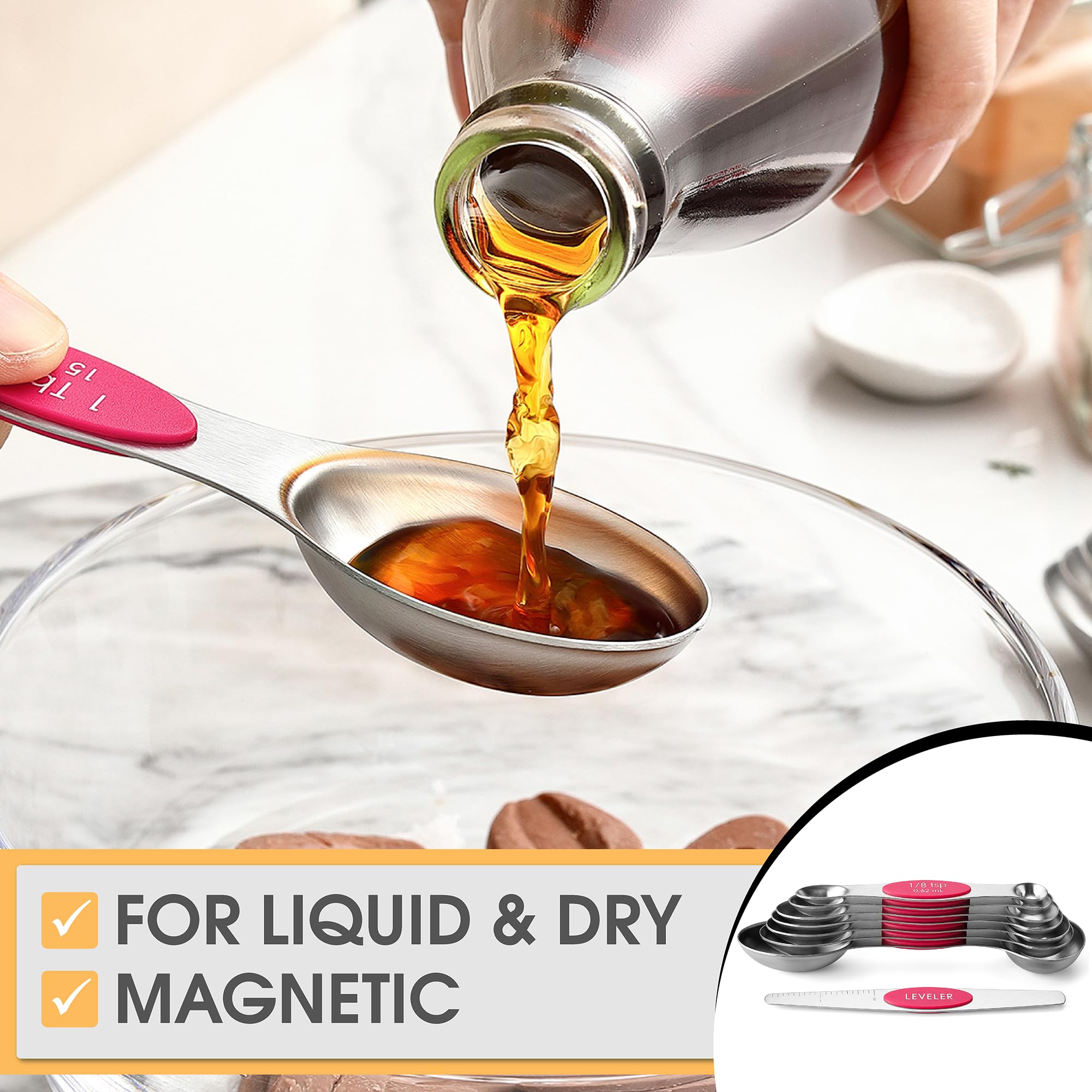 Spring Chef Magnetic Measuring Spoons Set, Dual Sided, Stainless Steel, Fits In Spice Jars, Pink, Set Of 8, 2 Pack