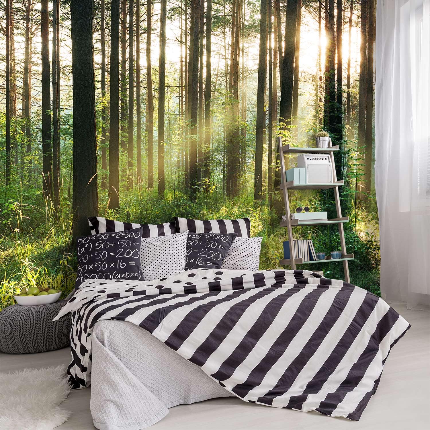 YIHWM -Green Forest Scenery Woodland Tree Fabric Wallpaper Living Room Bedroom Bathroom Jungle Wall Mural- 91x65( not Peel and S