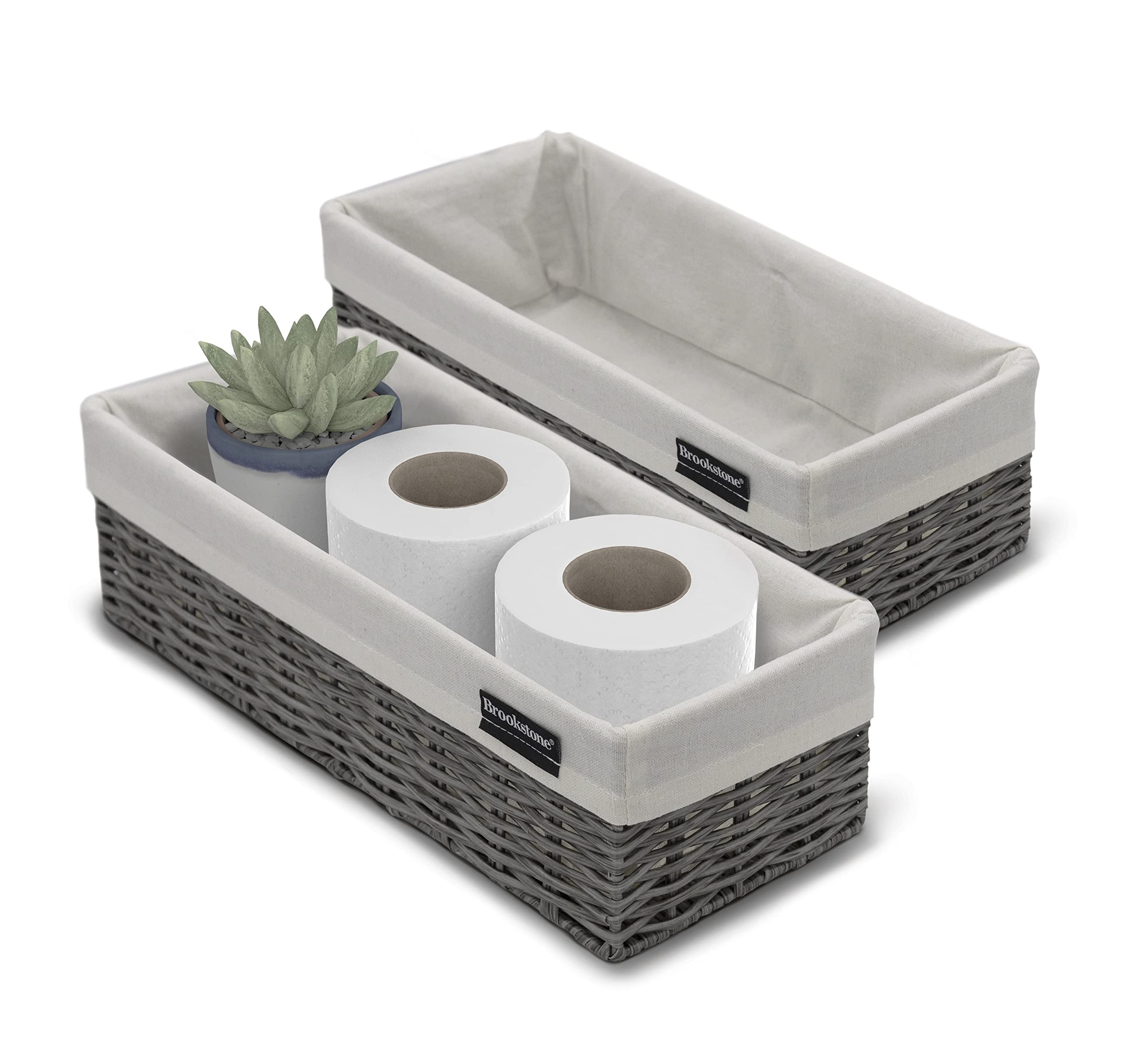 Brookstone [2 Pack Set] Wicker Storage Basket, Boho Organization And Storage Container, Decorative Shelf Bin, Over The Toilet Pa