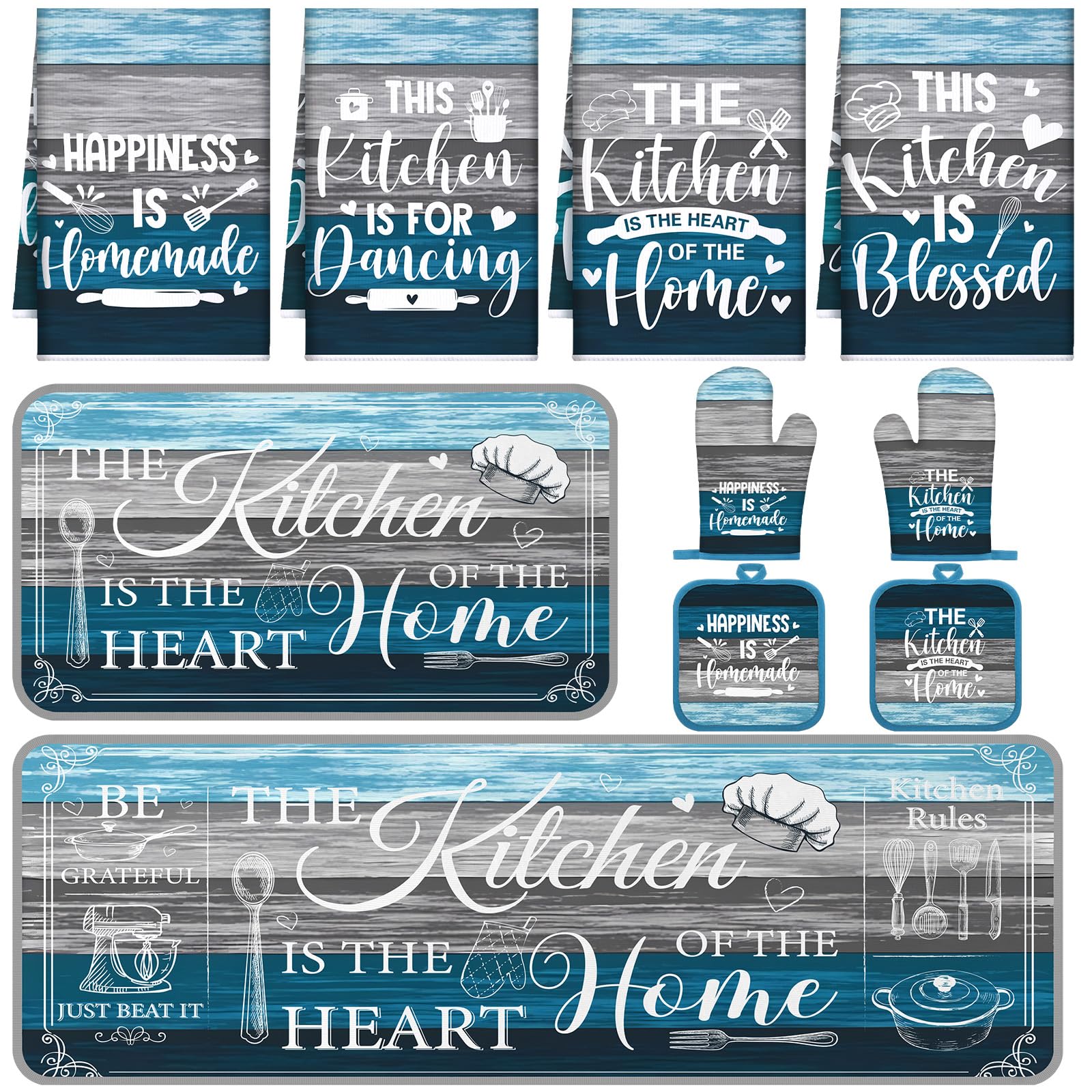 Fourluoo 10 Pcs Blue Rustic Kitchen Decor Set Kitchen Towels and Rugs Oven Mitts Pot Holders Absorbent Towels for Baking Cooking
