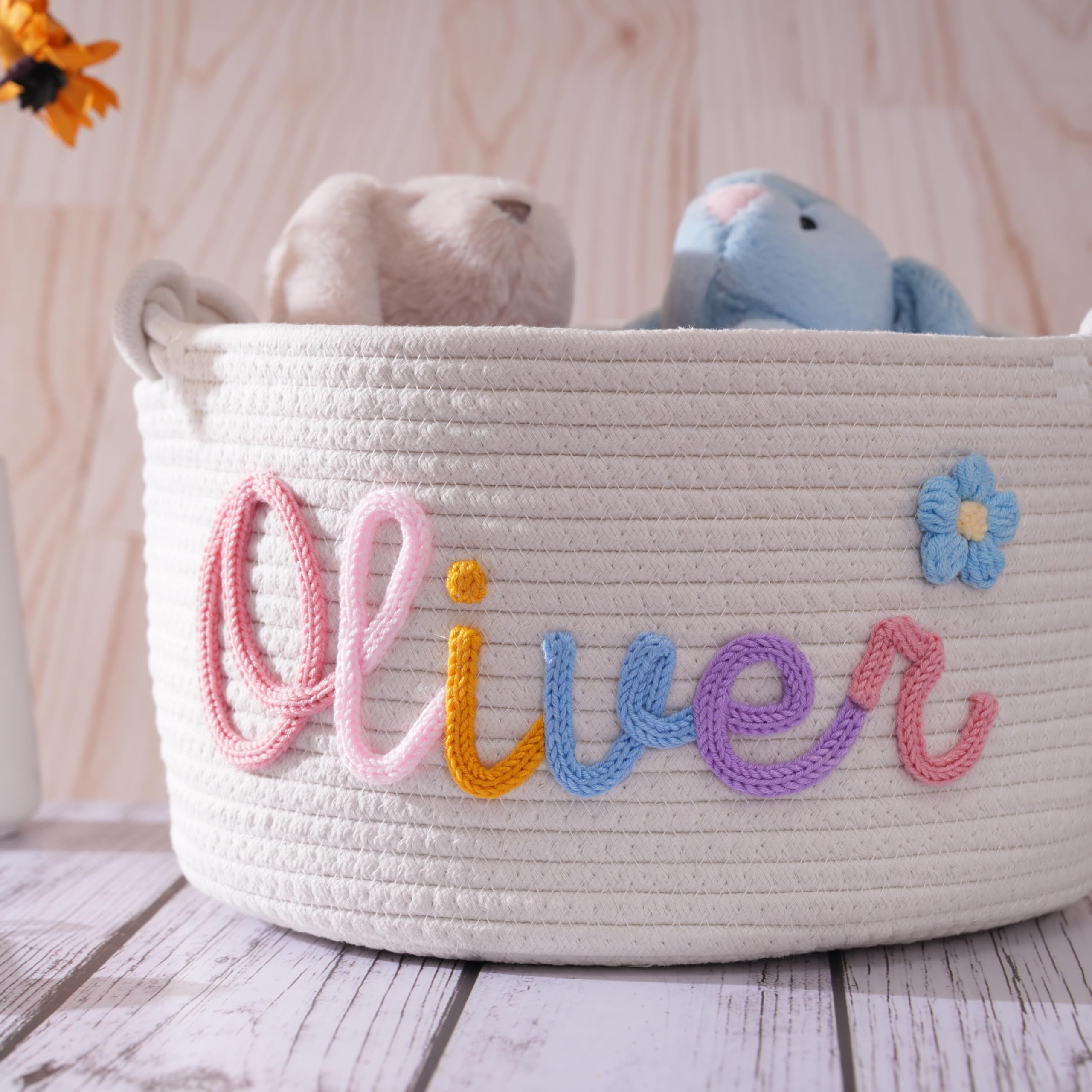 JUPPE Custom Baby Shower Basket, Personzlized Basket with Baby Name, Baby Boy Girl Storage Organizer Cotton Rope Nursery Decor N