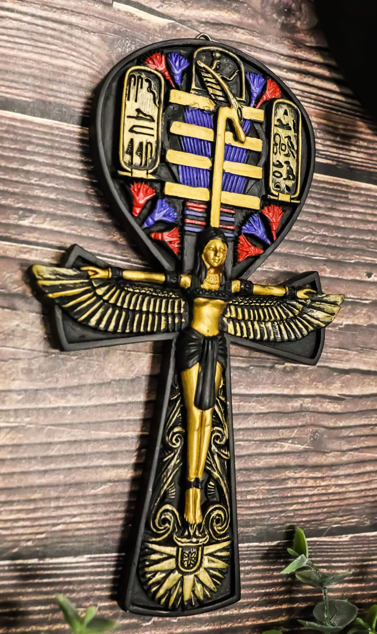 Ebros Crux Ansata Egyptian Ankh Of Isis With Open Wings And Cartouche Hieroglyphs Wall Decor Accent 3D Plaque Figurine 7.5  High