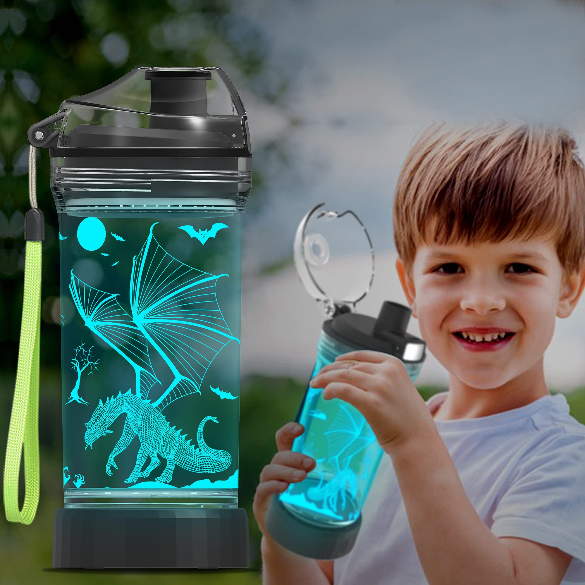 Ammonite Dragon 14 Oz Water Bottle With 3D Glowing Led Light - Bpa Free Tritan - Travel Cup Gift For Back To School Boy Child Ho