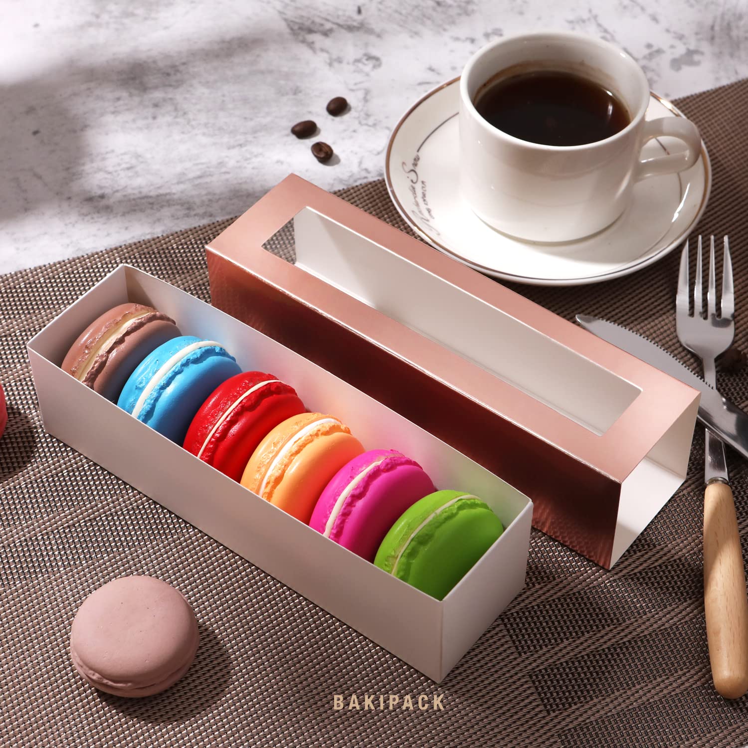 Bakipack 25 Macaron Boxes For 6 Macarons Rose Gold Macaron Boxes With Interior Measurement 7.3'' X 1.9'' X 1.9'' Macarons Gift B