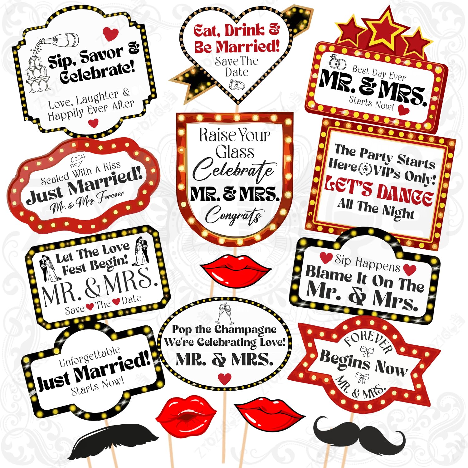 Zyozique Weedding Theme Photo Booth Props, Mr. & Mrs. Theme, Red & Black, Just Married Party Signs Photo Booth Props, Wedding Pa