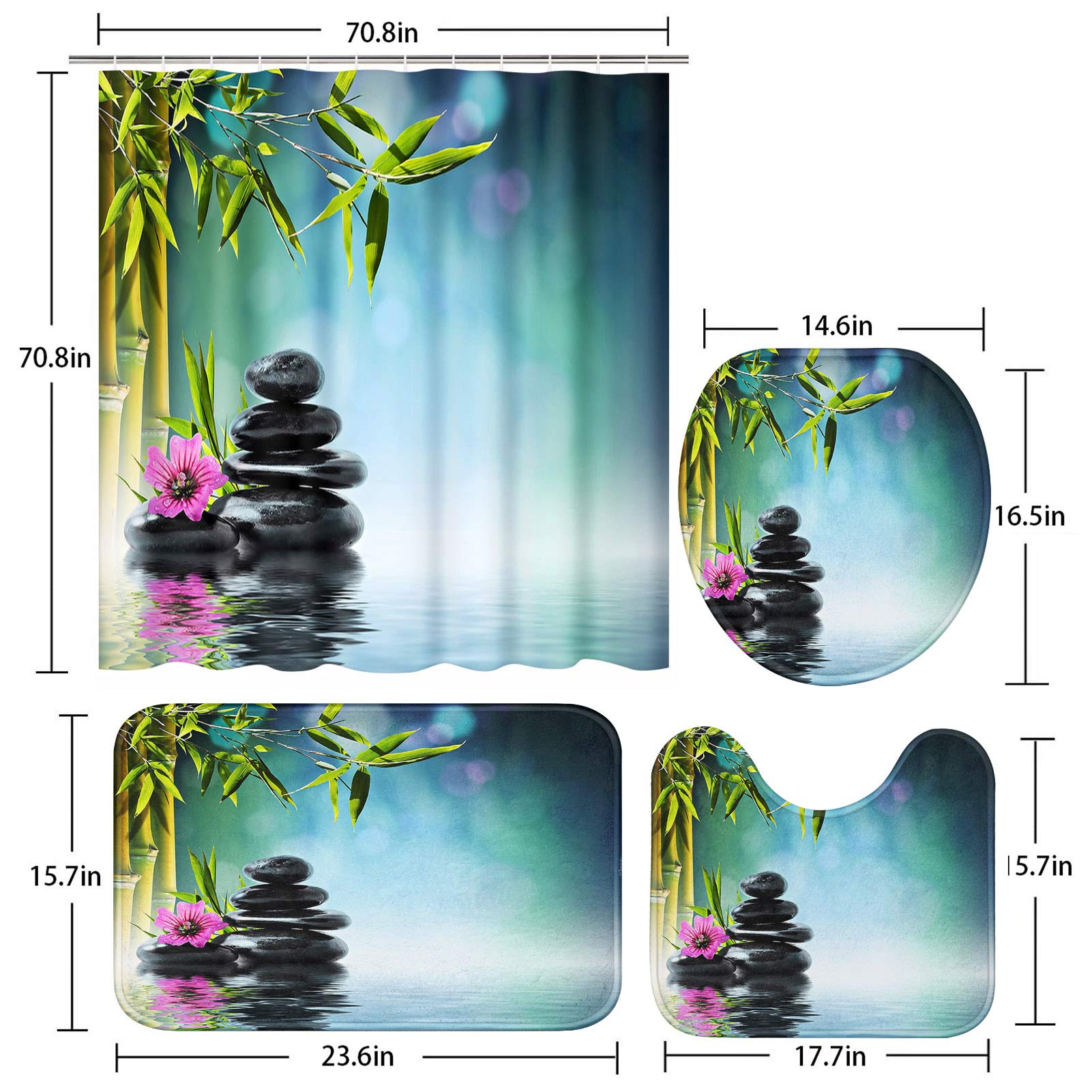 Artsocket 4 Pcs Shower Curtain Set Tower Black Stone Hibiscus Bamboo Water Beautiful Flora With Non-Slip Rugs Toilet Lid Cover A