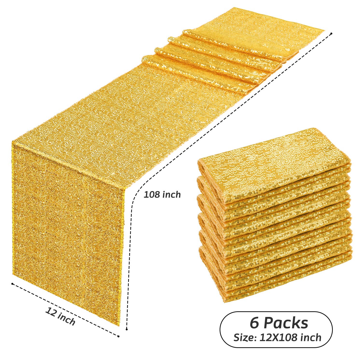6 Pack Sequin Table Runner Gold, 12 X 108 Inch Glitter Gold Table Runner For Rectangle Table For Birthday, Wedding, Banquet, Hol